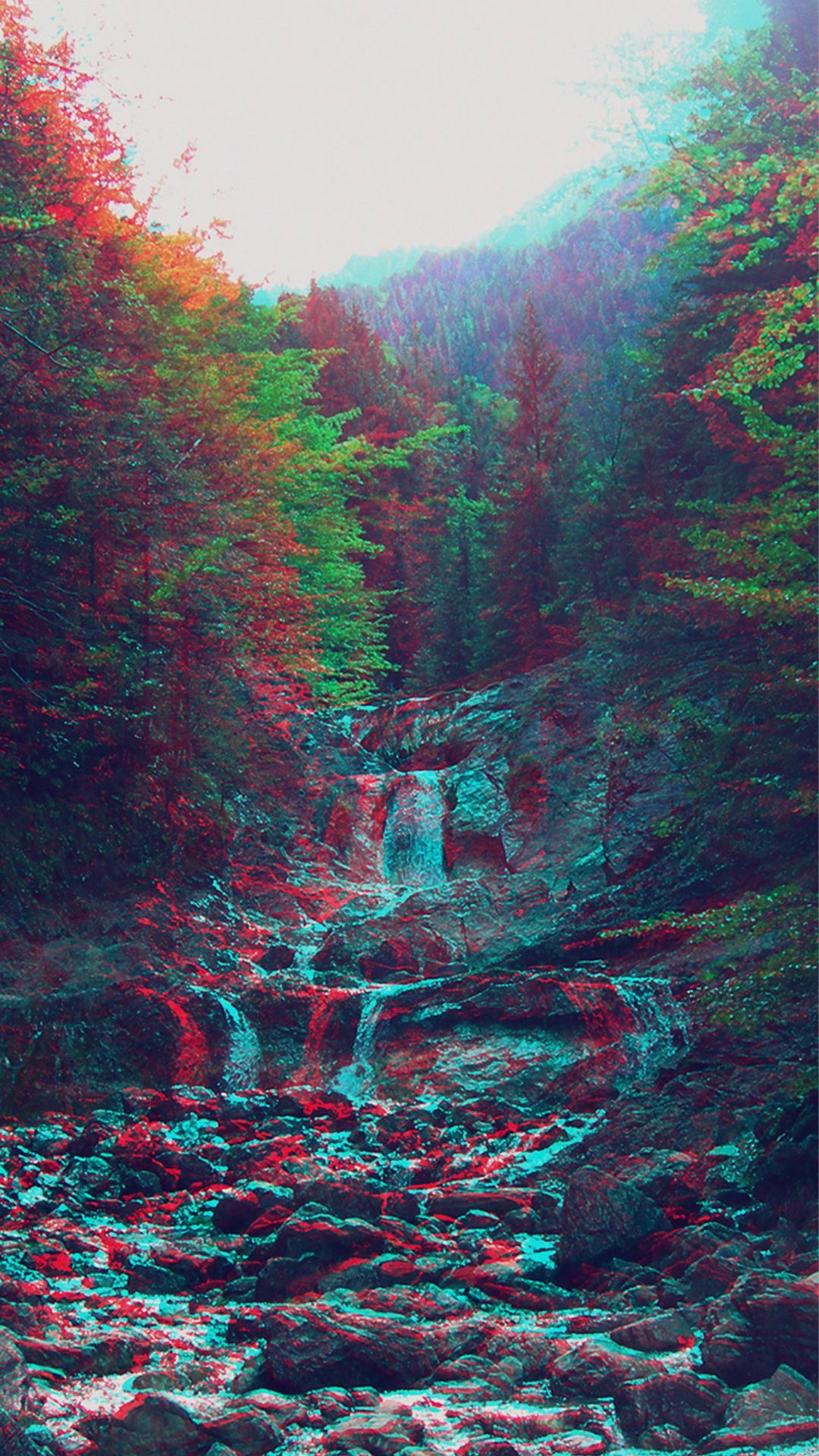 A 3D image of a waterfall surrounded by trees - 3D glasses, nature