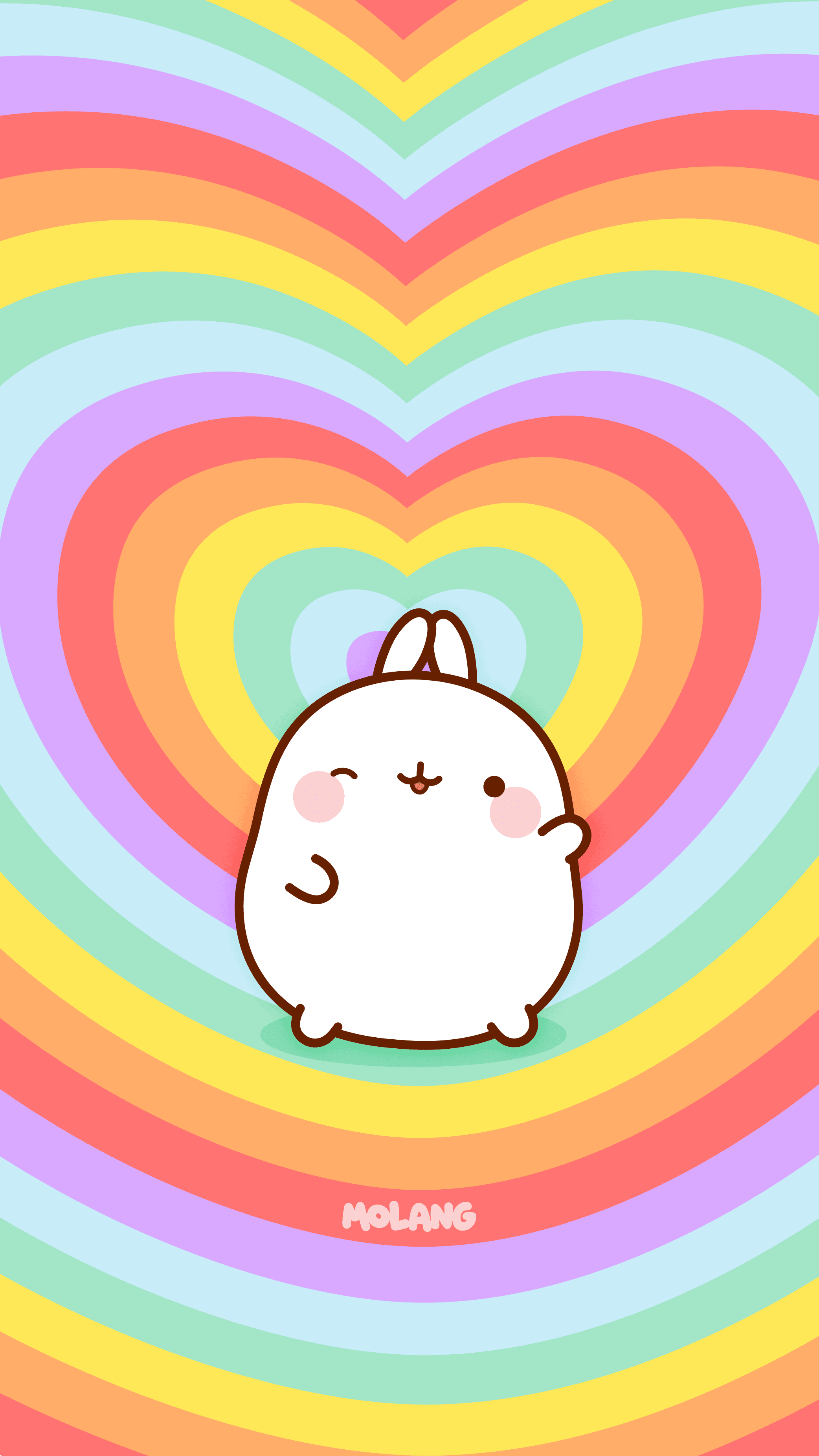 A cute white bunny is standing on top of rainbow colored hearts - Molang, colorful