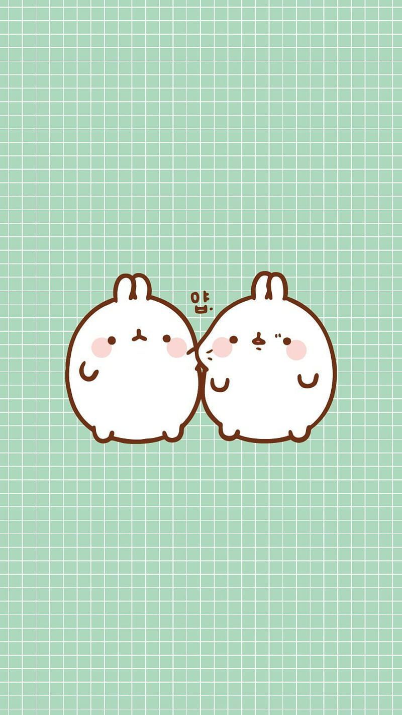 Molang and his little brother, rabbit, on a green background - Molang