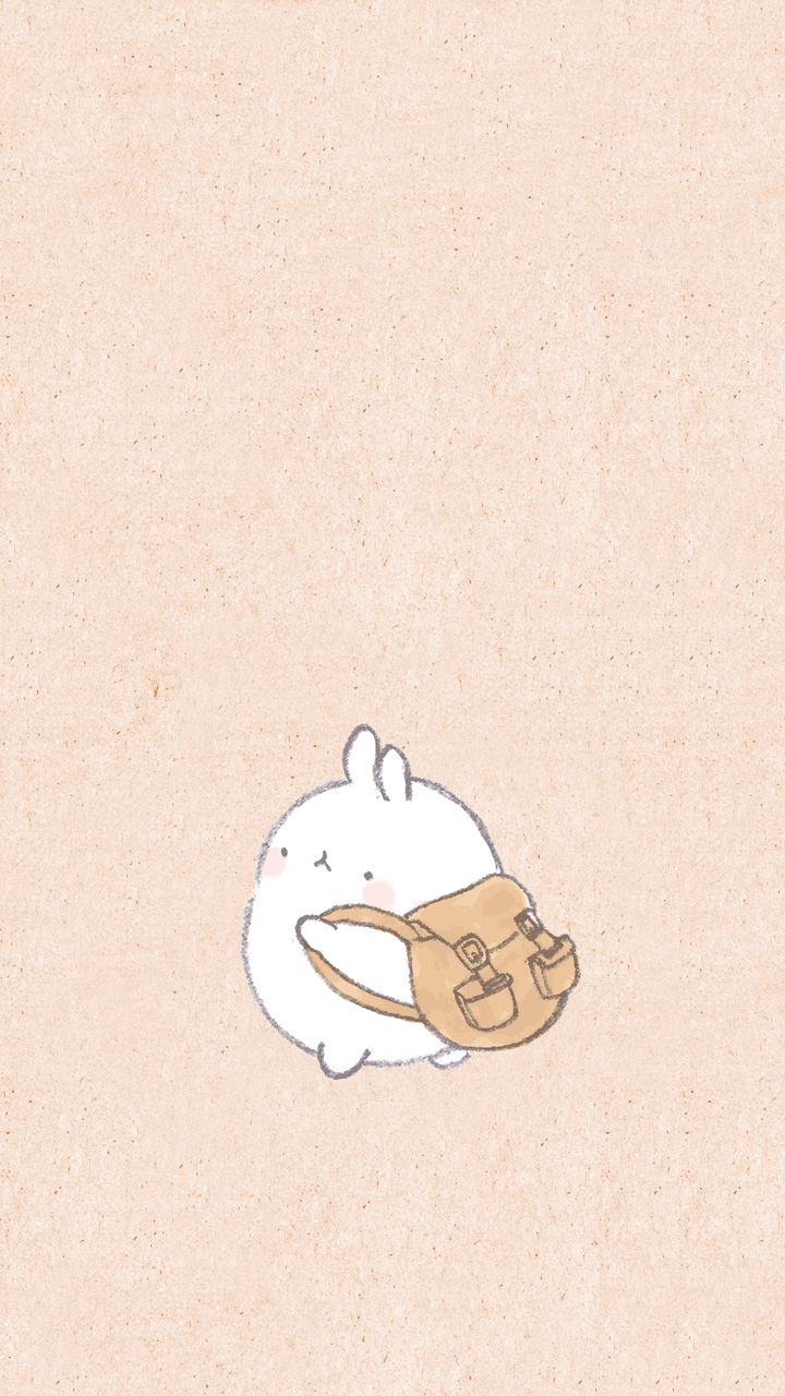 A white rabbit holding a bag on a brown background - Molang