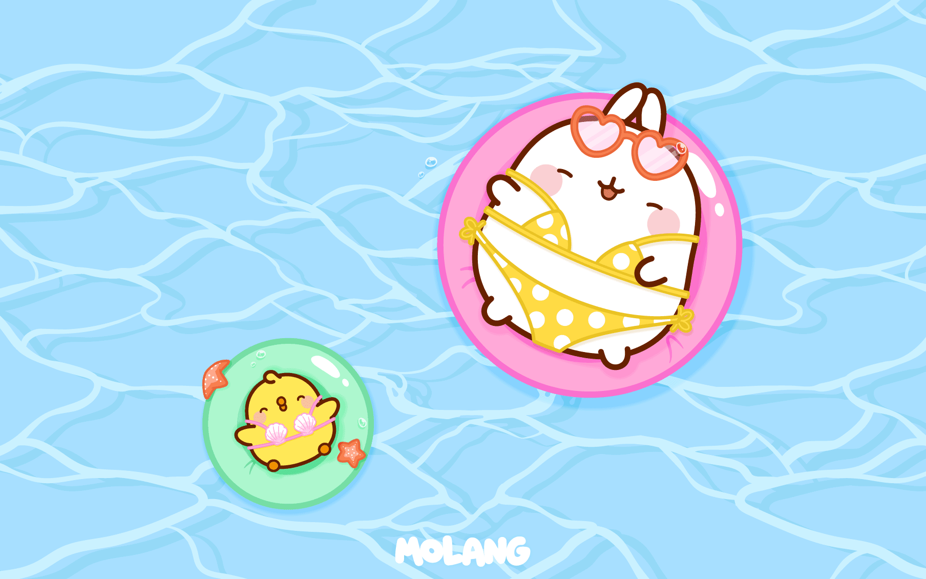 Molang on a floatie in the pool - Molang
