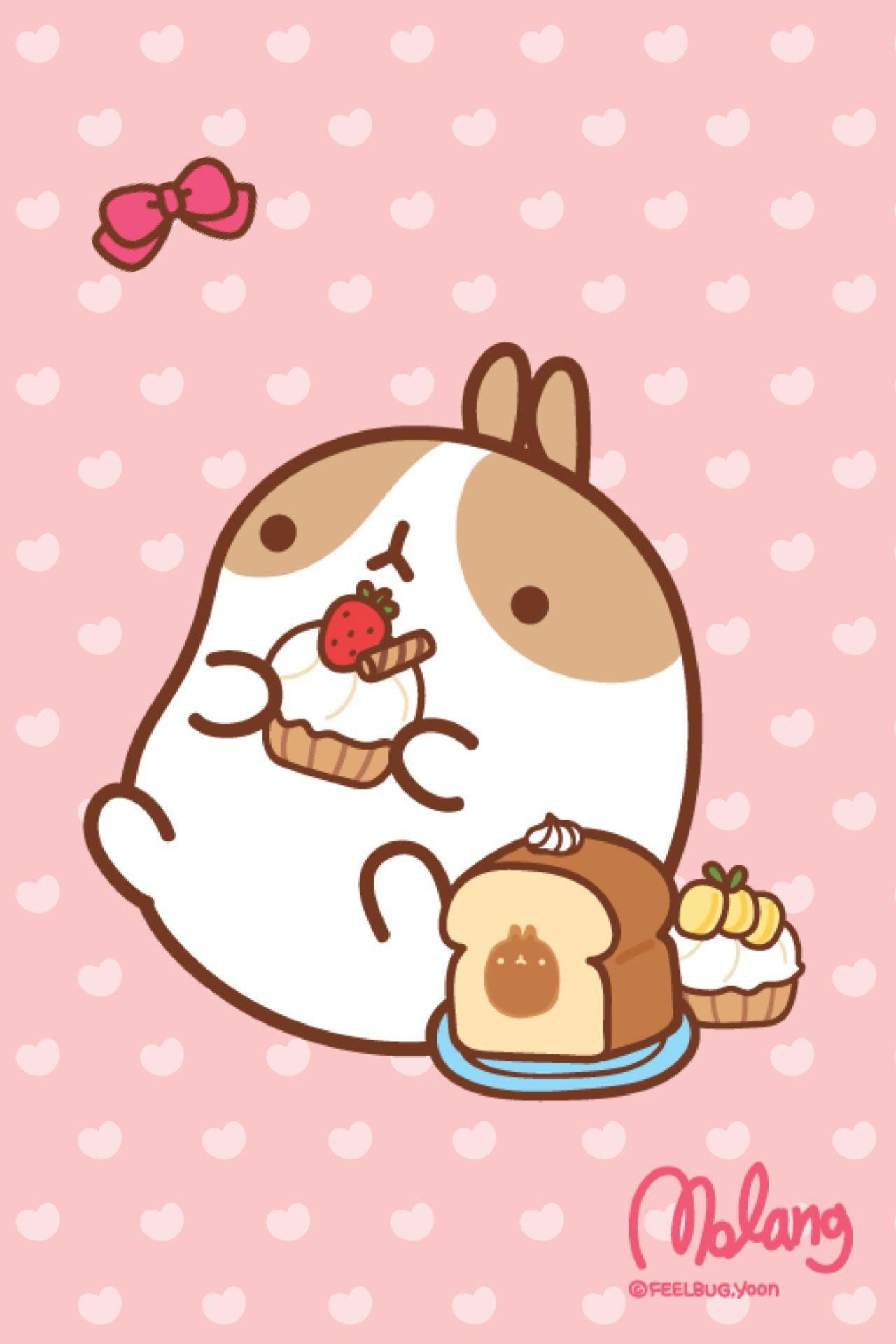 Cute illustration of a brown and white puppy dog eating a plate of food on a pink background - Molang
