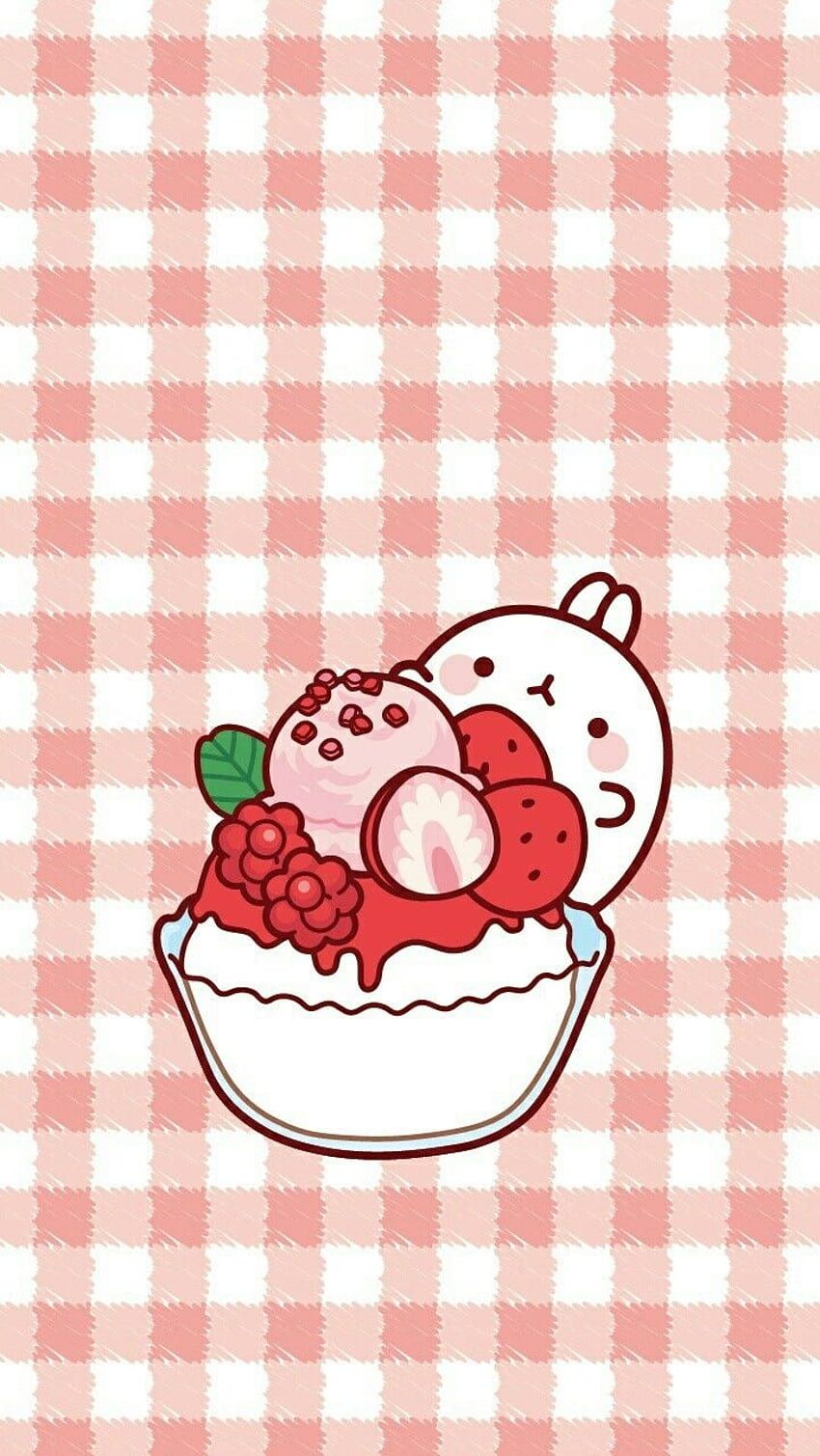 A cute cartoon bear is eating ice cream on pink and white checkered background - Molang