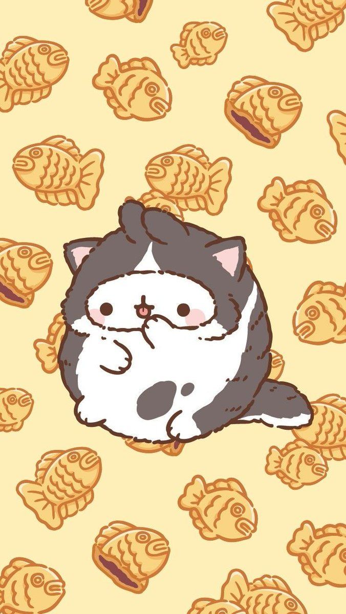 A cat surrounded by fish. - Molang