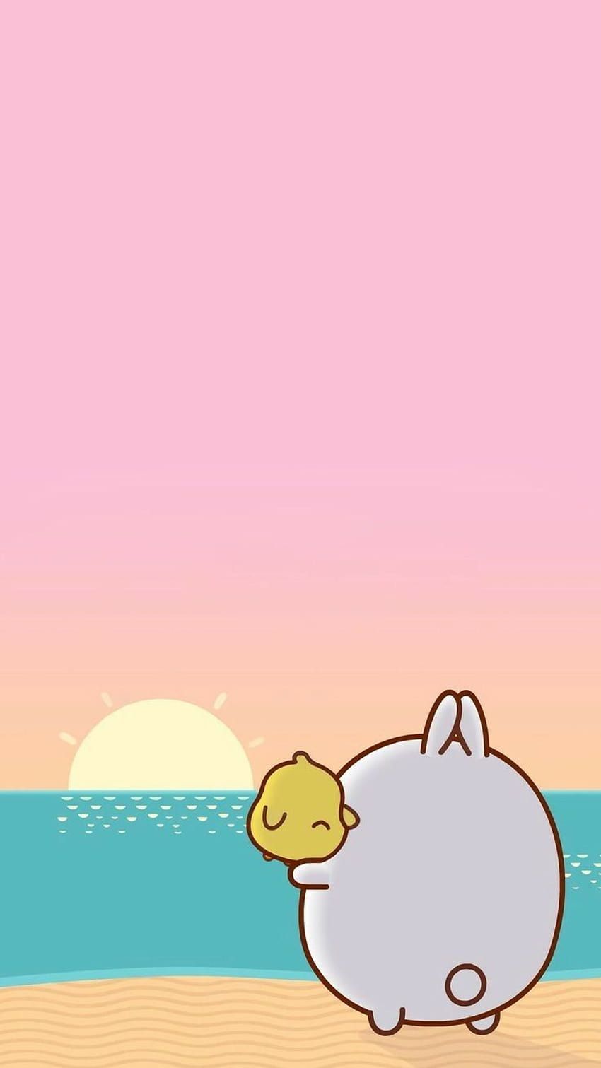 A cute Molang rabbit wallpaper with a sunset and the ocean - Molang