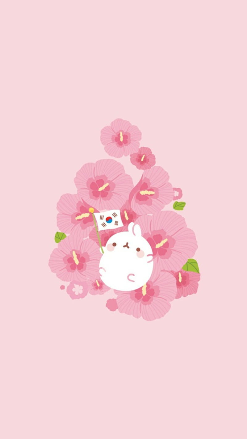 A cute white rabbit sitting in the middle of pink flowers - Molang