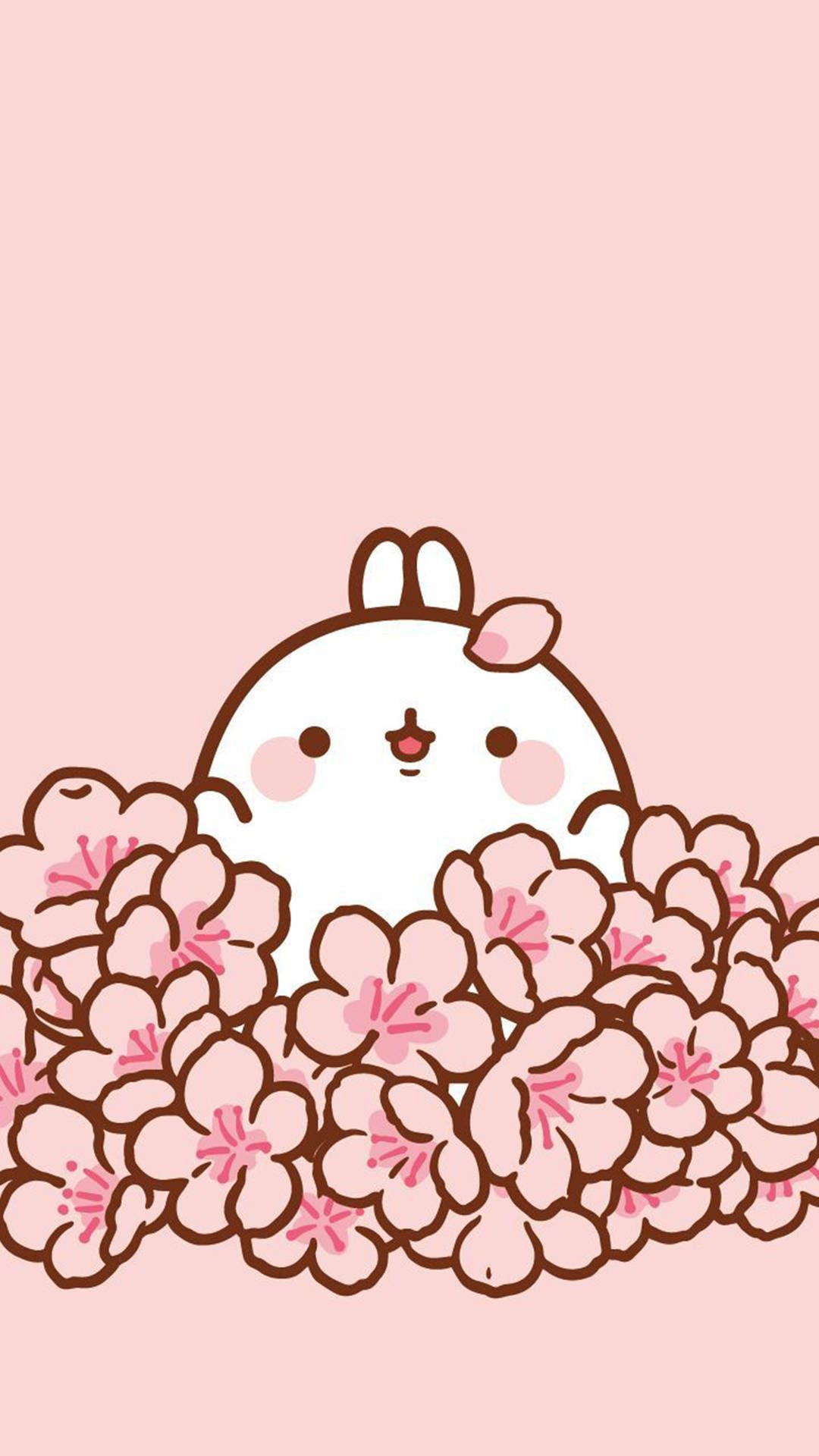 A cute cartoon bunny in the middle of pink flowers - Molang