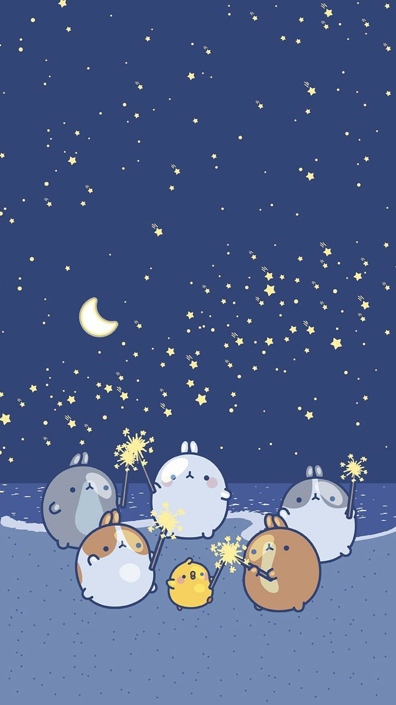 A group of cute animals sitting on the beach - Molang