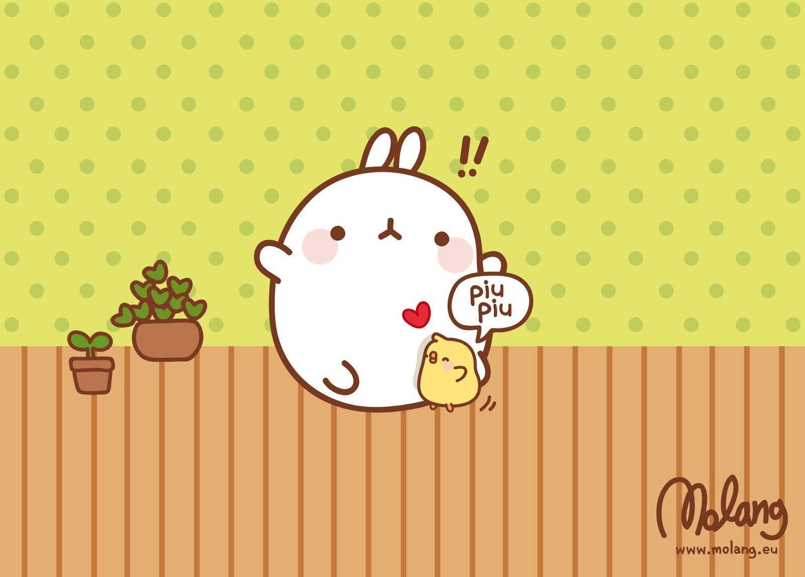 A Molang rabbit wallpaper with a yellow background and a plant on the left side. - Molang