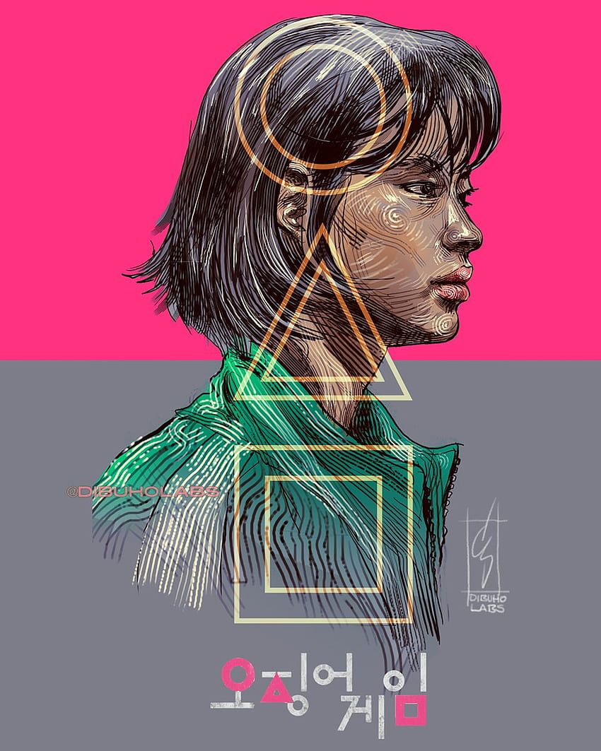 The artwork shows a profile of a woman with a green shirt and short black hair. She is looking to the right. The image is split in half, with a pink background on the top half and a grey background on the bottom half. The woman's hair and green shirt are made up of geometric shapes. The bottom half of the image has the words 