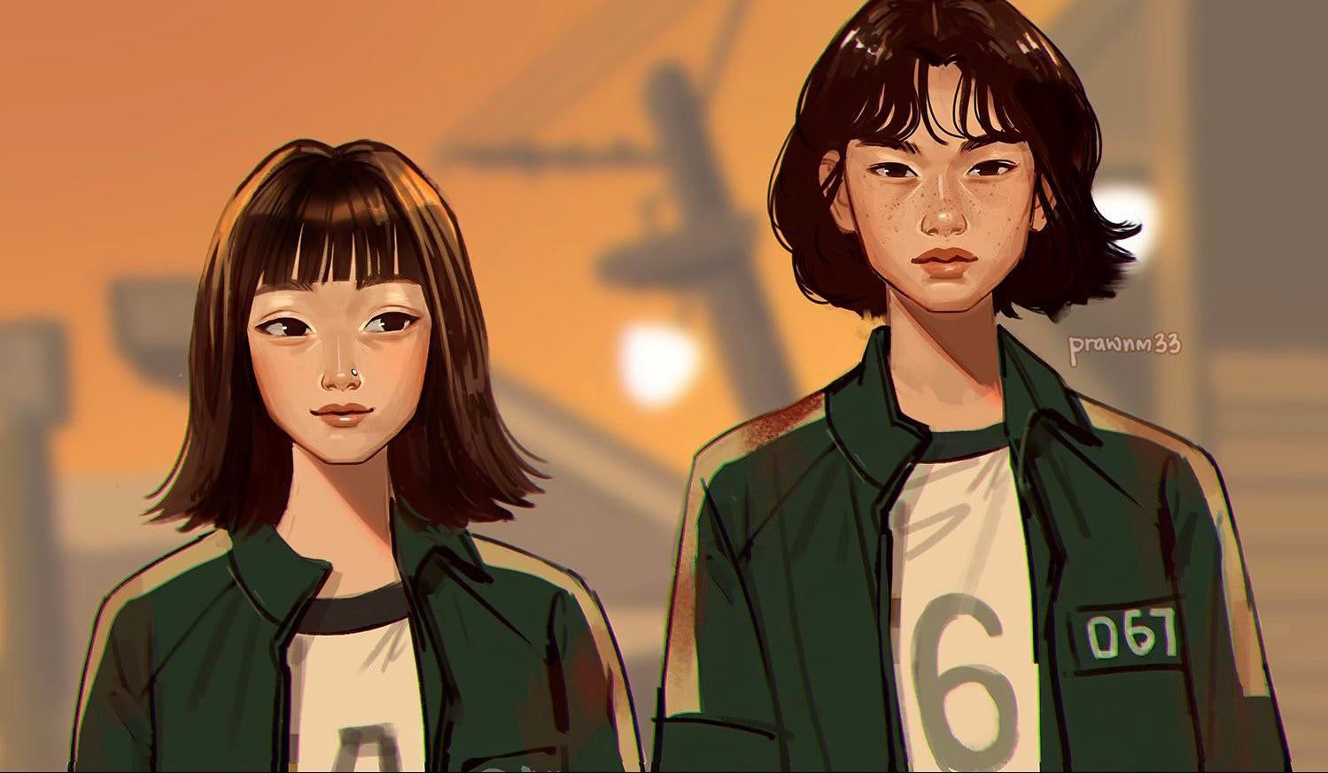 Two girls with short brown hair, bangs, and nose piercings, wearing green jackets and white t-shirts with a number on them. - Squid Game