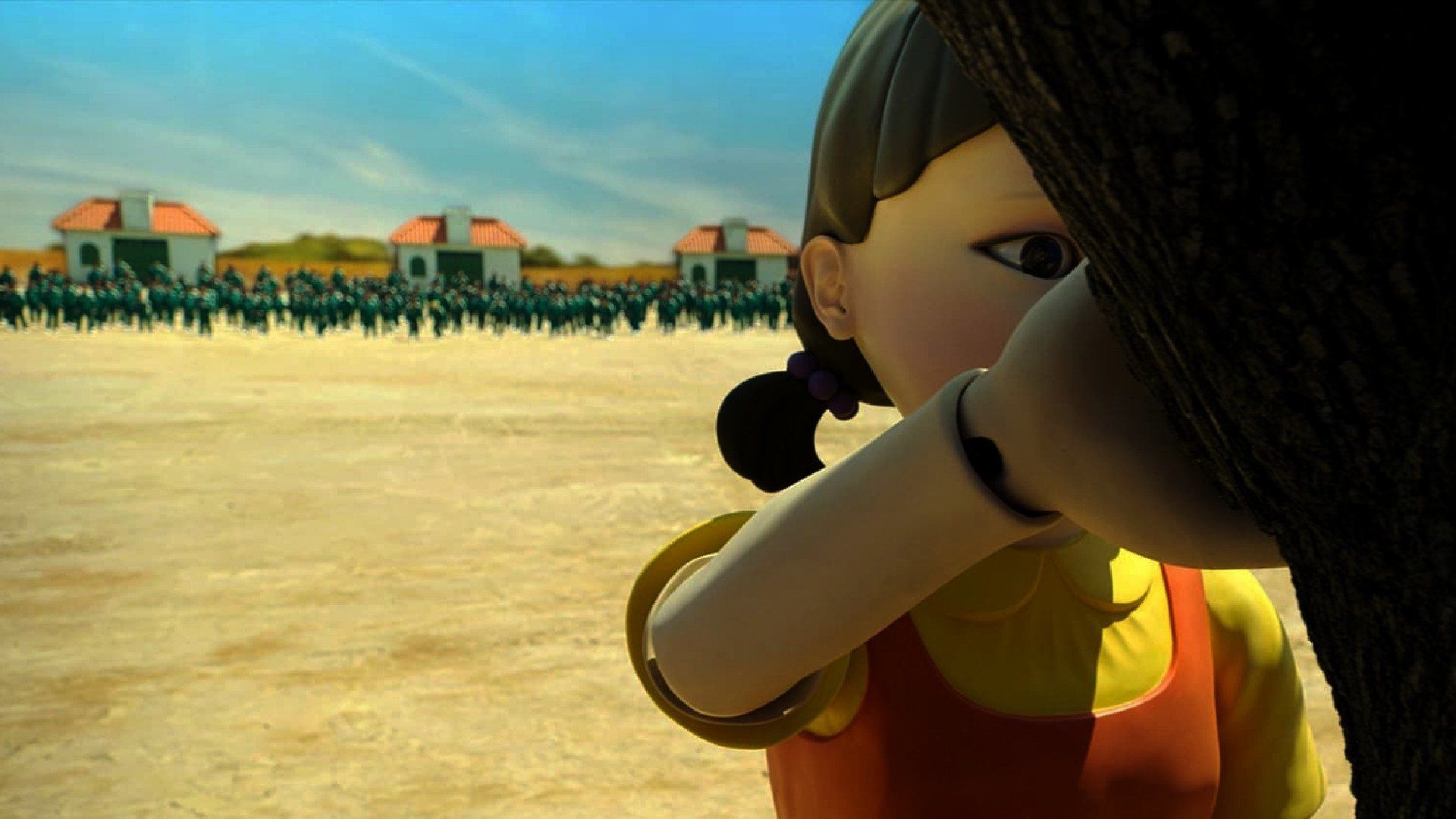 A still from the animation film 'The Breadwinner'. A young girl is hiding behind a tree. - Squid Game