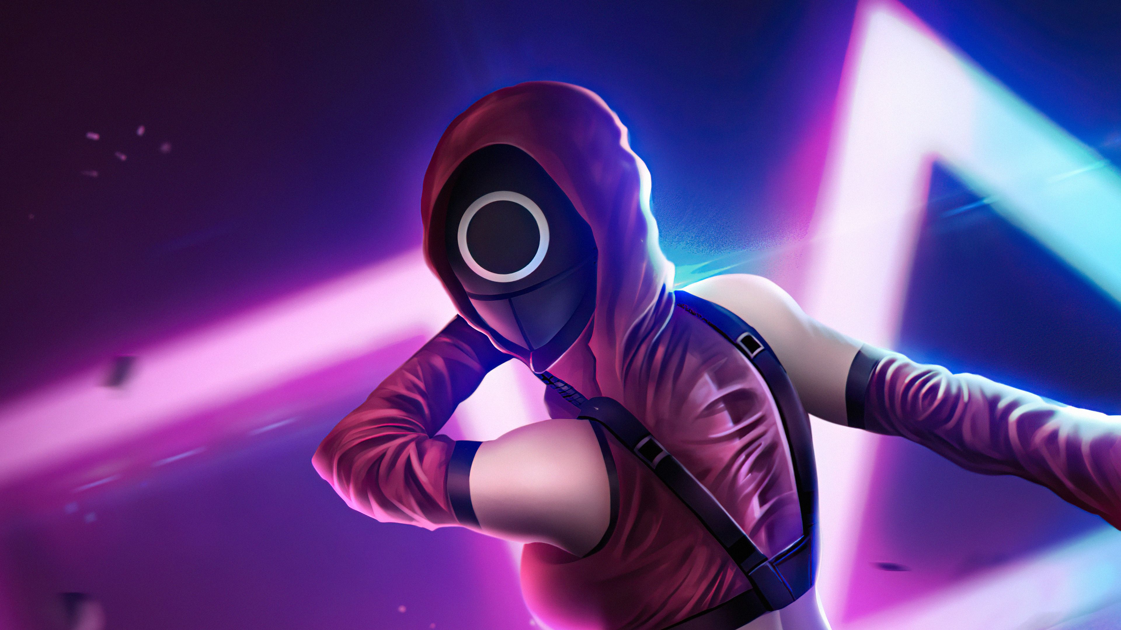 A Fortnite character in a gas mask and hoodie, standing in front of a neon background - Squid Game