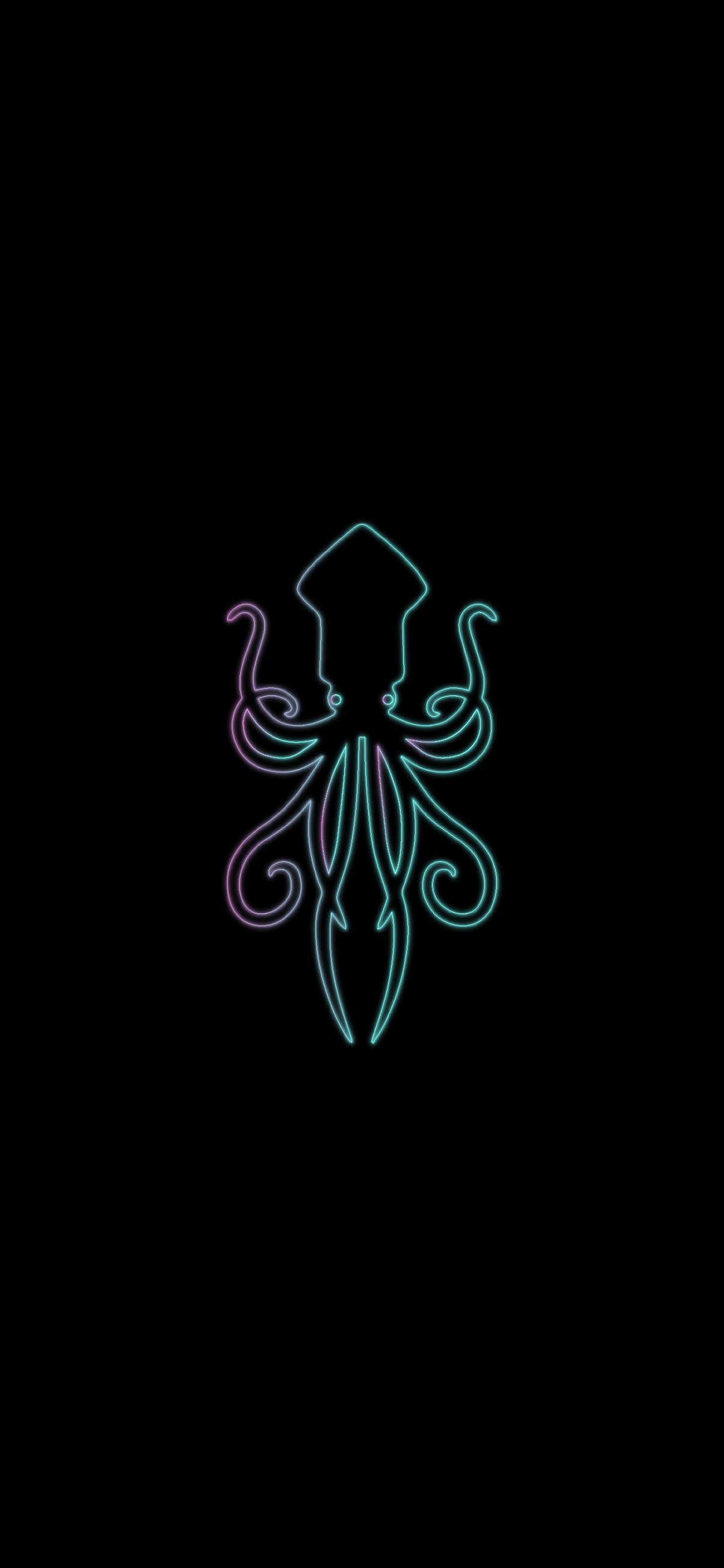 An illustration of a squid in blue and purple neon on a black background - Squid Game