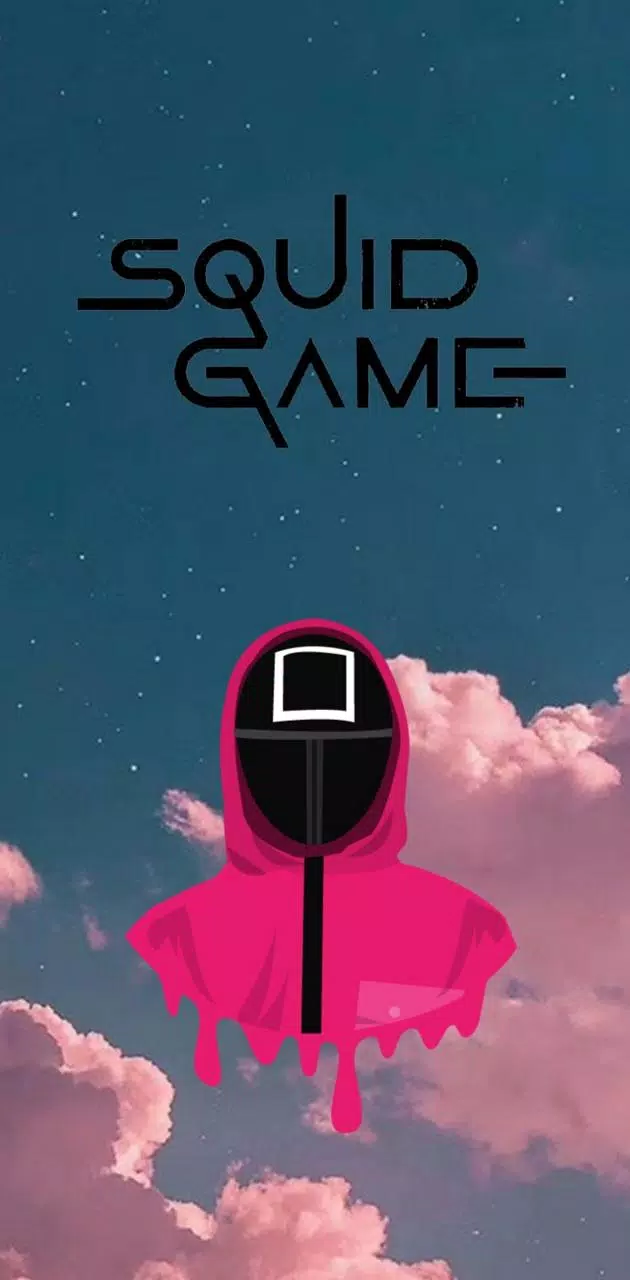 A Squid Game iPhone wallpaper with a character in a pink hoodie against a blue sky with clouds. - Squid Game