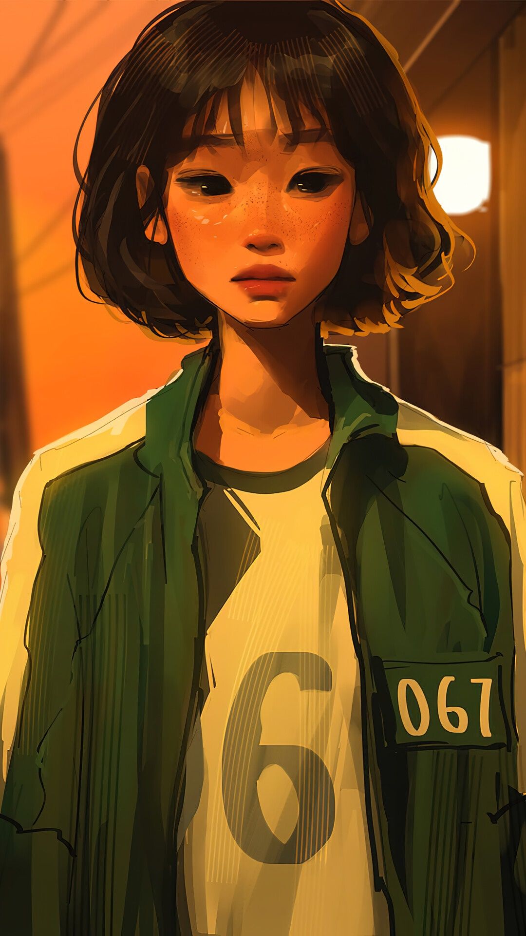 Illustration of a girl with a green jacket - Squid Game