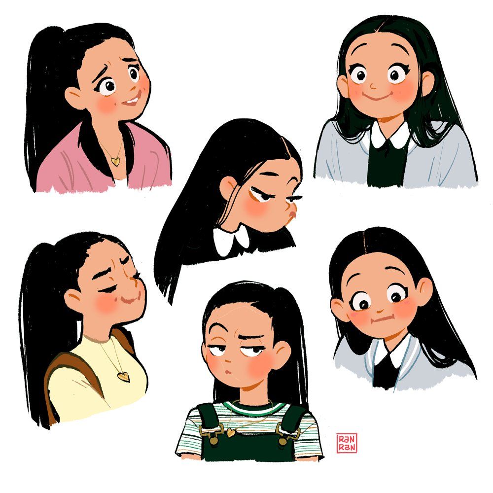 A series of illustrations of a girl with long black hair in different outfits and poses. - To All the Boys I've Loved