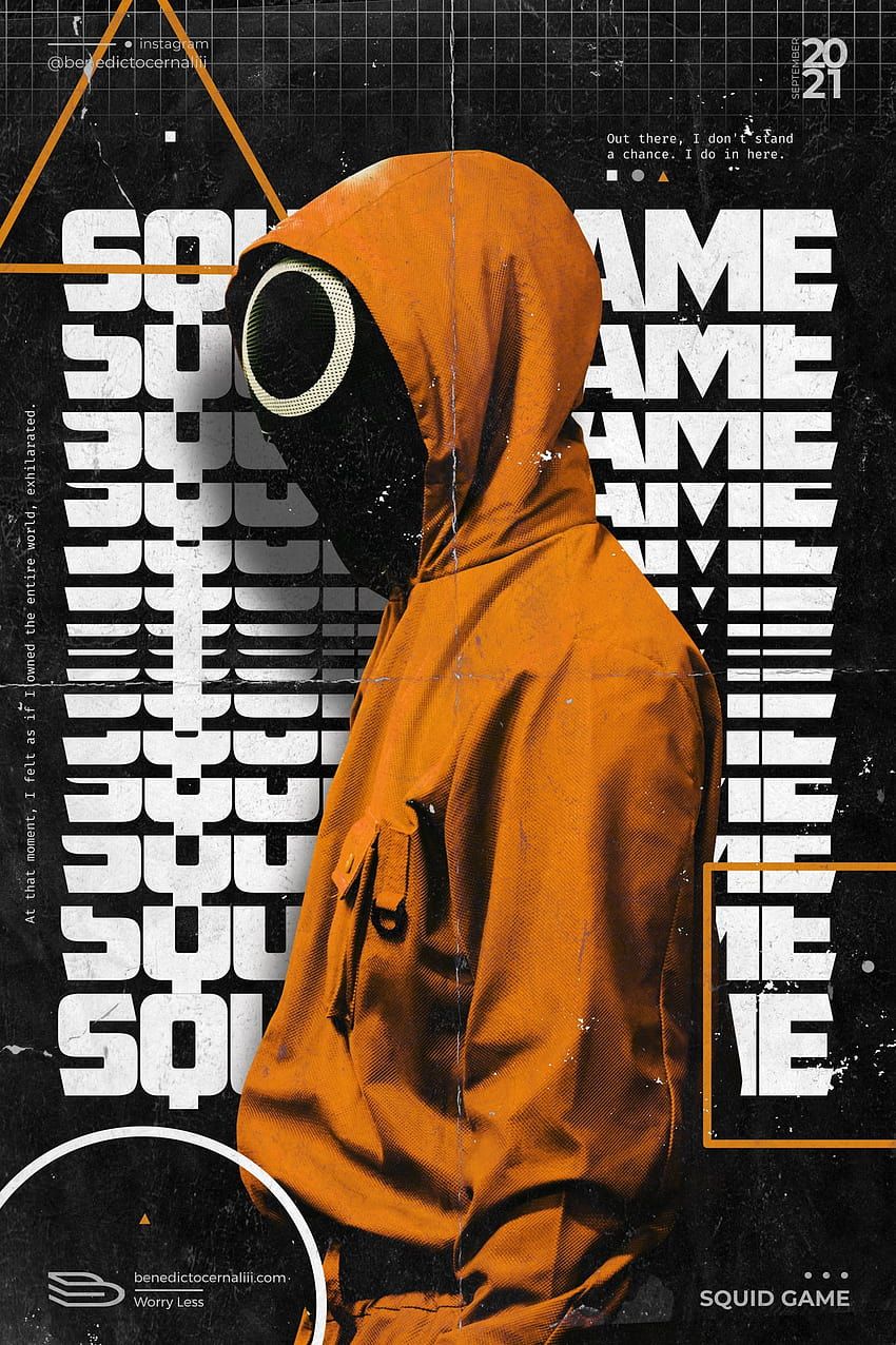 A Squid Game inspired Photoshop poster template featuring a character in a gas mask and orange jumpsuit. - Squid Game