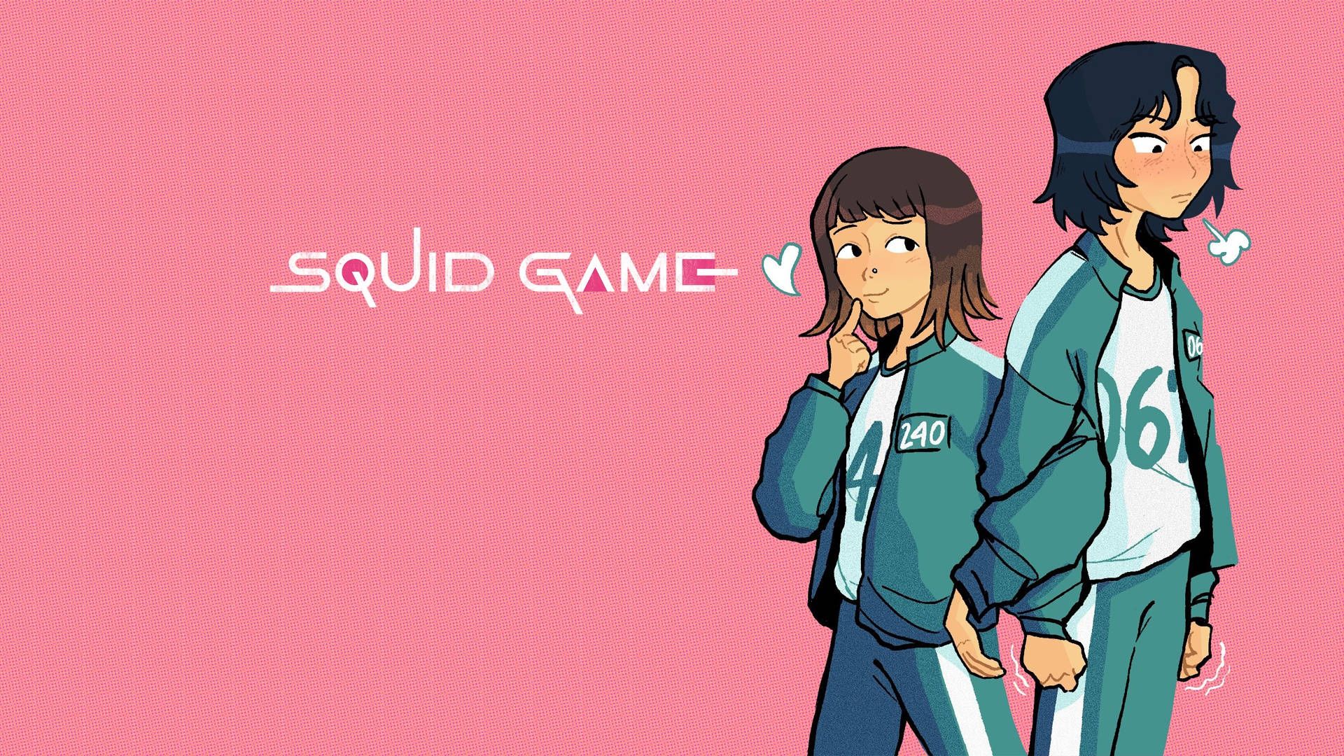 Two people standing next to each other with the words squid game - Squid Game