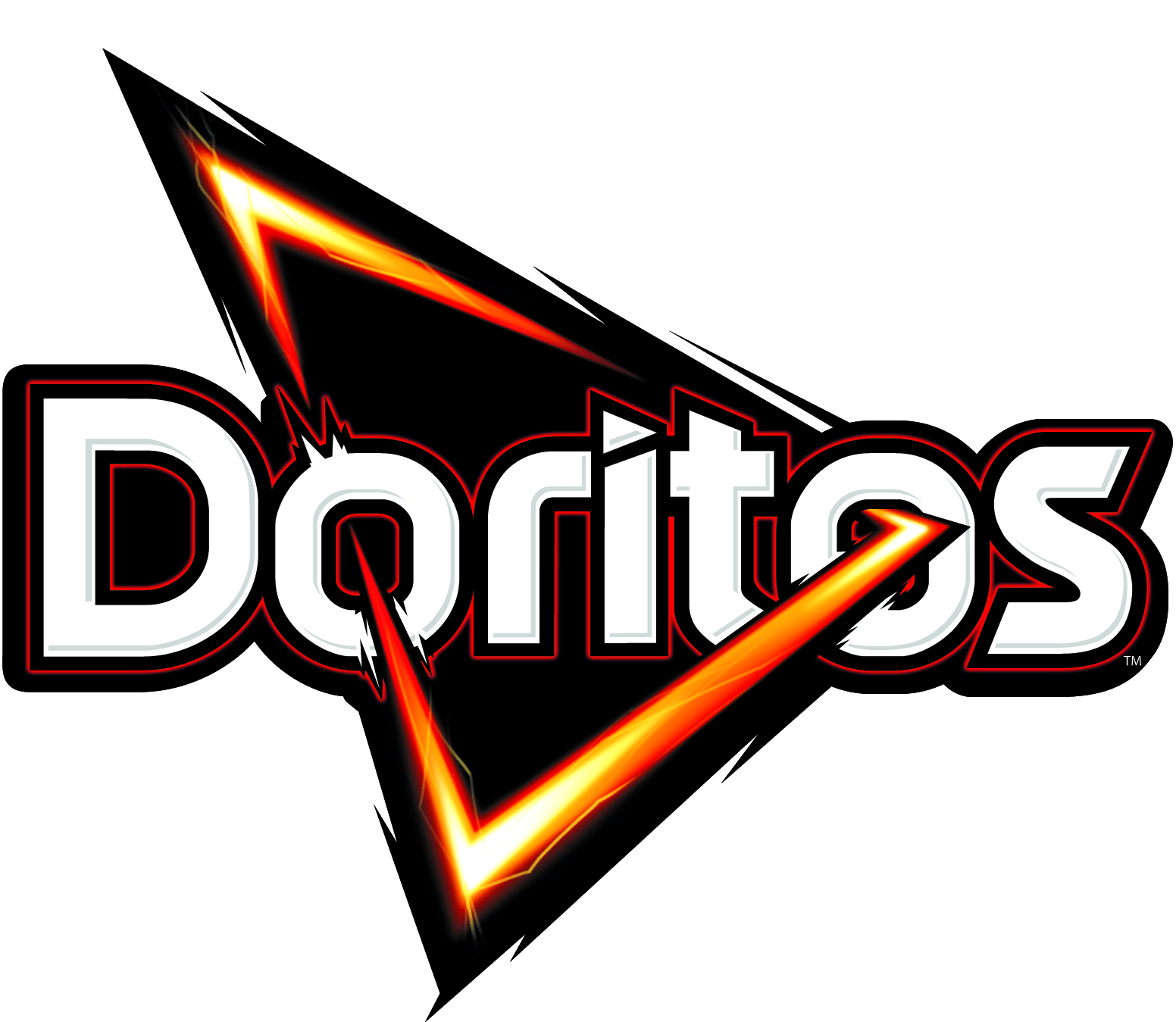 A green background with a black triangle in the foreground. The triangle is pointing to the right and has the word Doritos on it. The O is a flame and the T is a lightning bolt. - Doritos