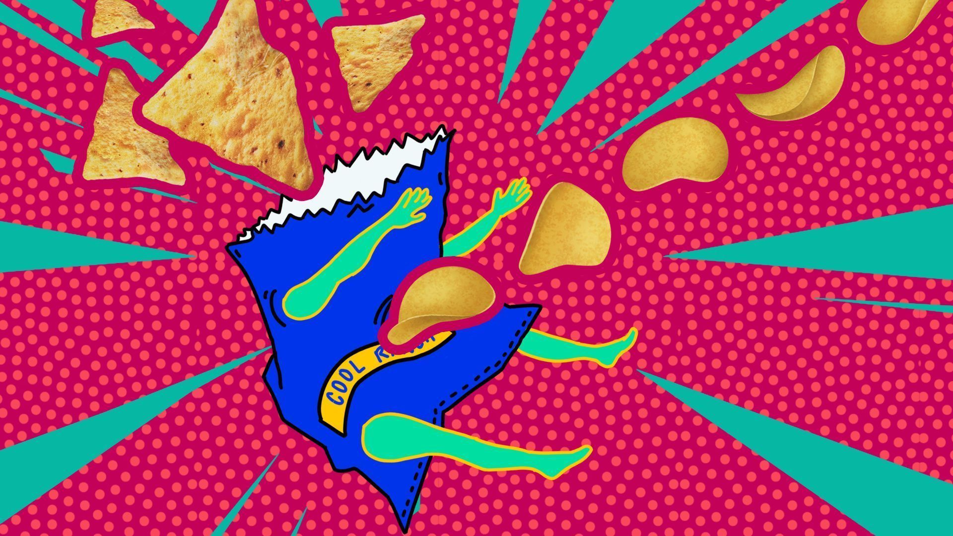 A bag of chips falling on a pink background - Doritos