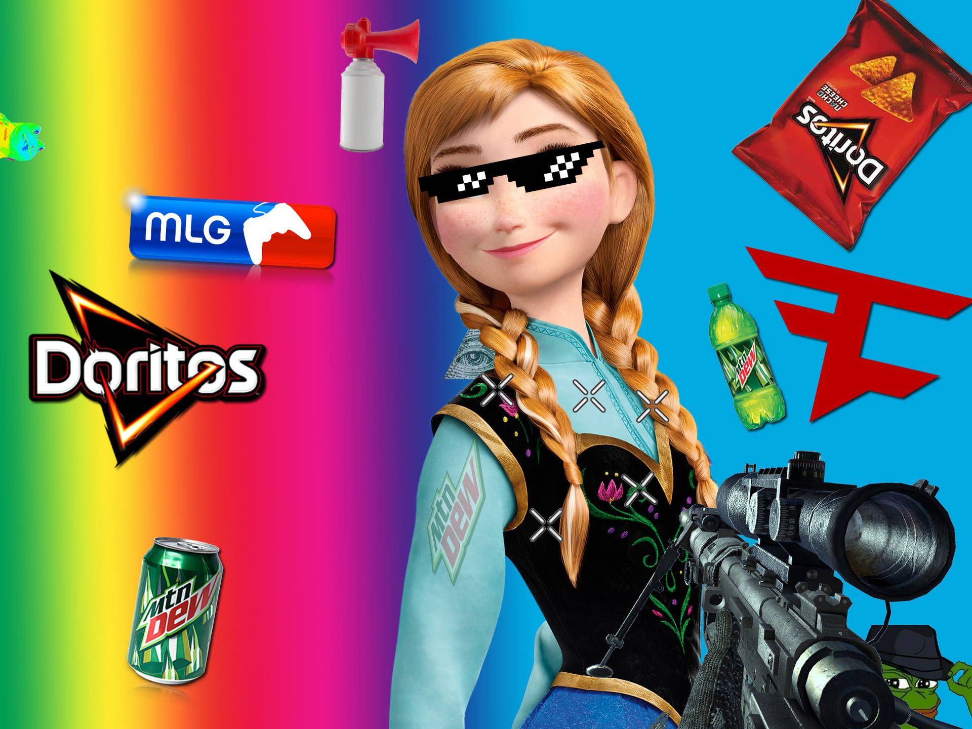 Anna from Frozen with a gun, Doritos, Mountain Dew, Fanta, and other snacks. - Doritos