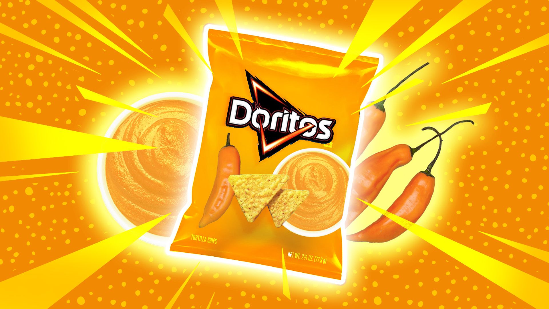 A bag of Doritos with a chili flavor on a yellow background - Doritos