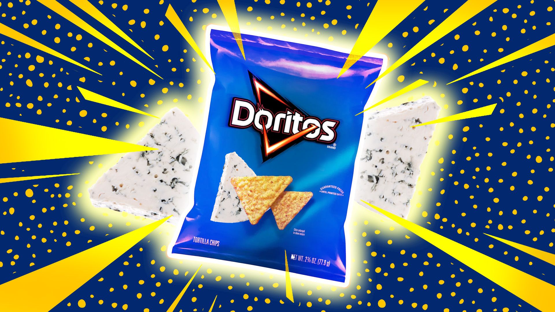 A bag of blue cheese Doritos on a blue background with yellow and white lines - Doritos