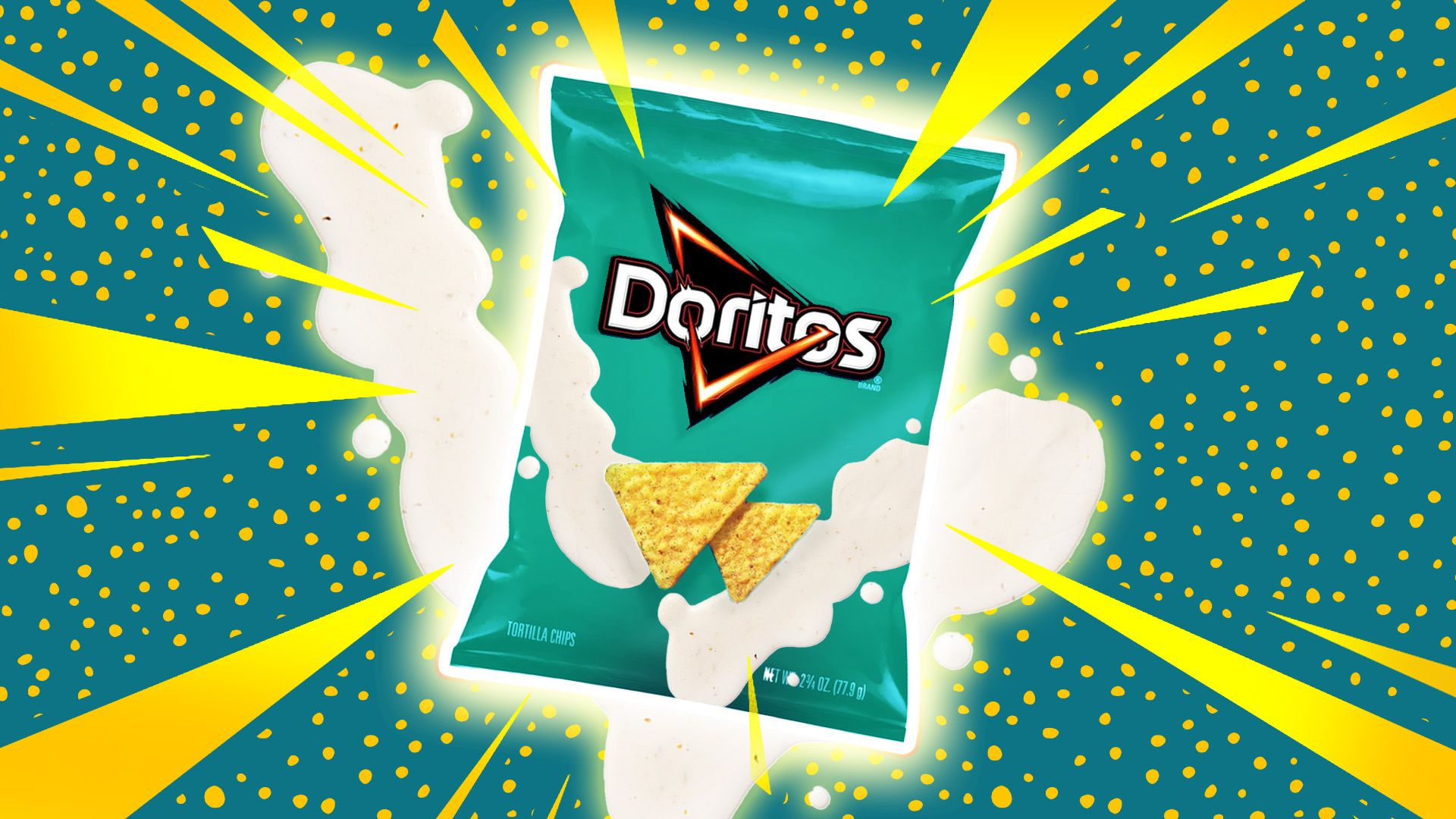 A bag of doritos with milk splashing out - Doritos