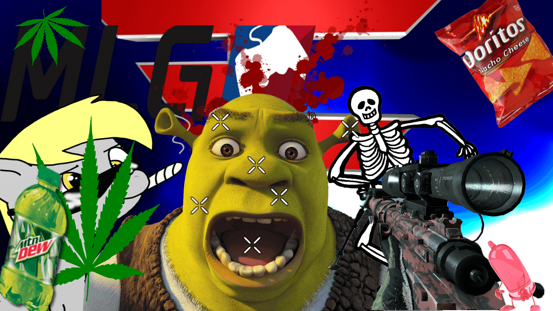 Shrek is holding a rifle and looking at a skeleton while smoking a joint - Doritos, Shrek