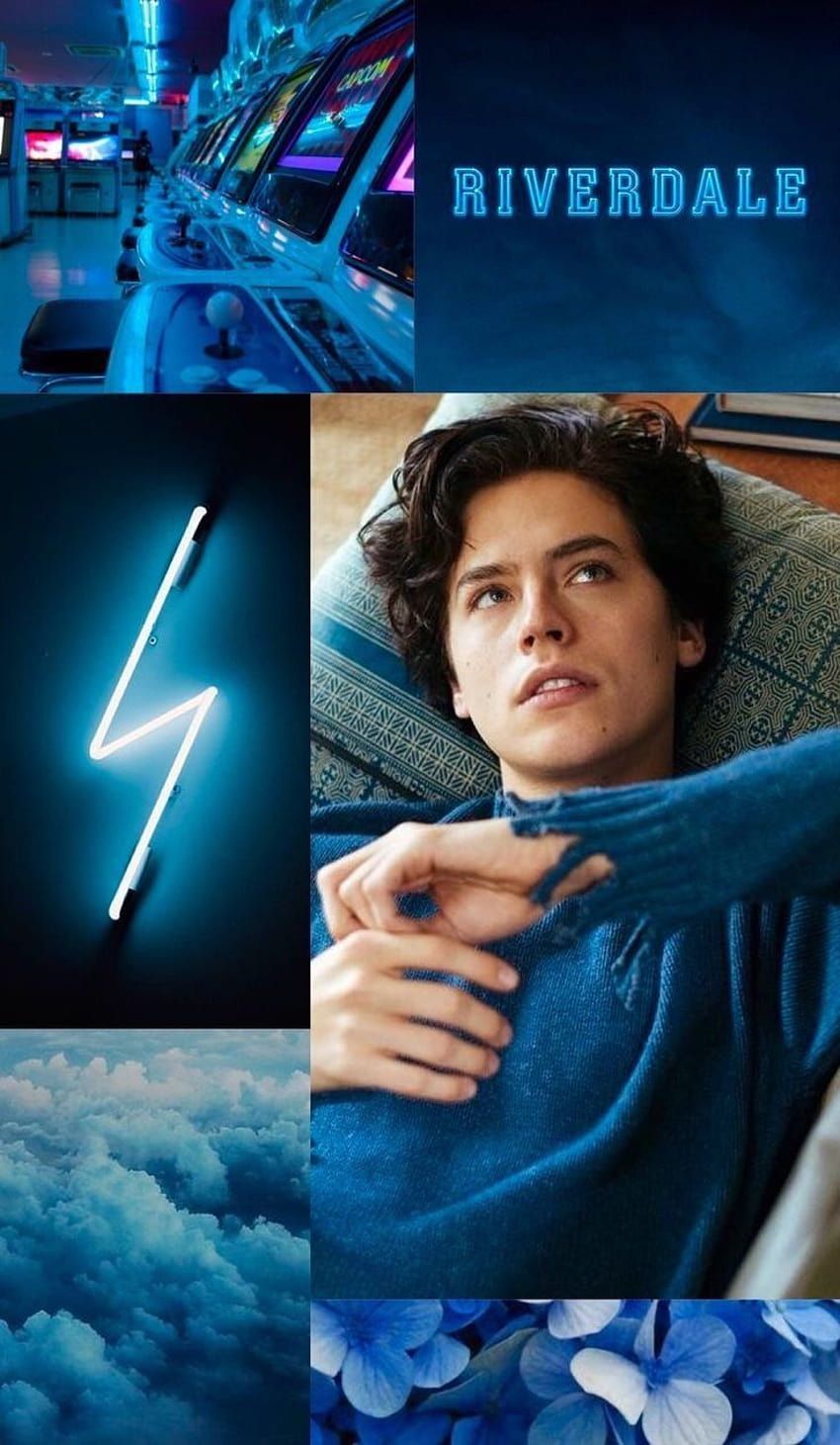 A collage of images from Riverdale, including a lightning bolt, a blue aesthetic, and a close up of Cole Sprouse as Jughead. - Riverdale