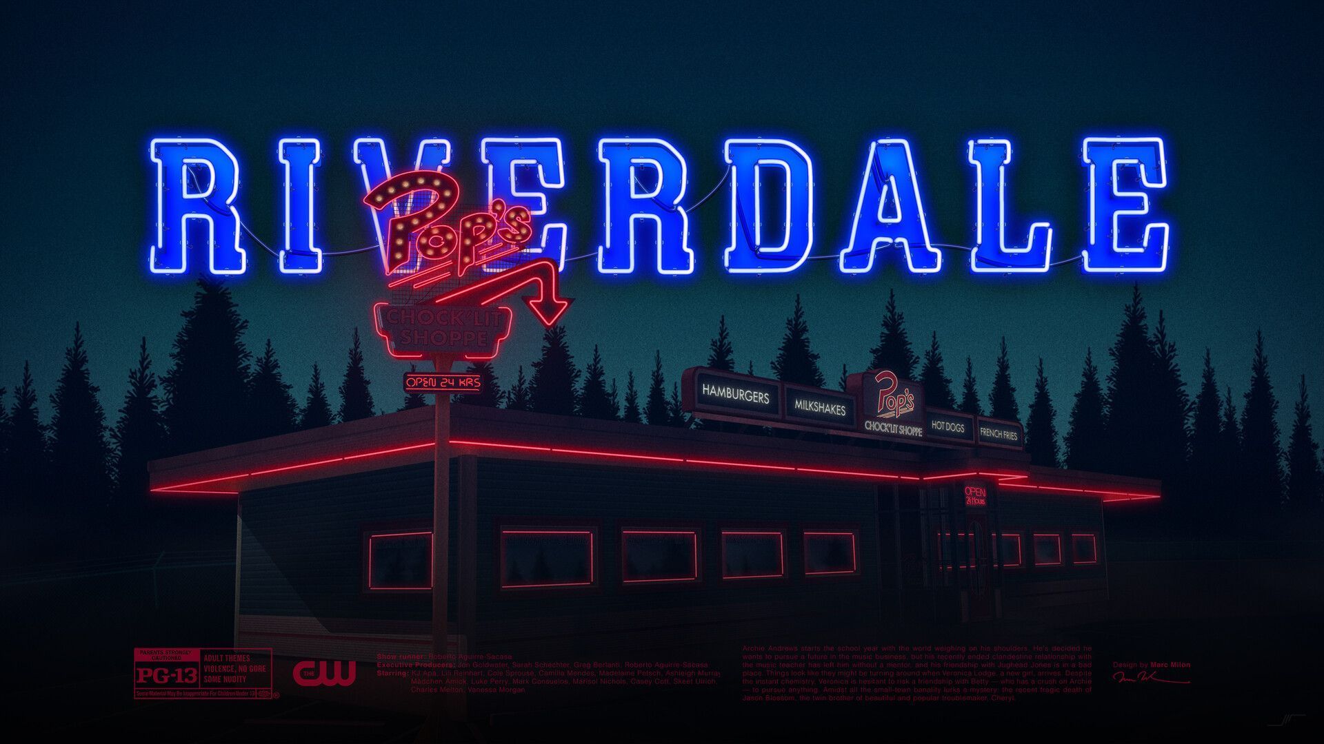 Riverdale wallpaper, with the neon sign of the town lit up at night. - Riverdale