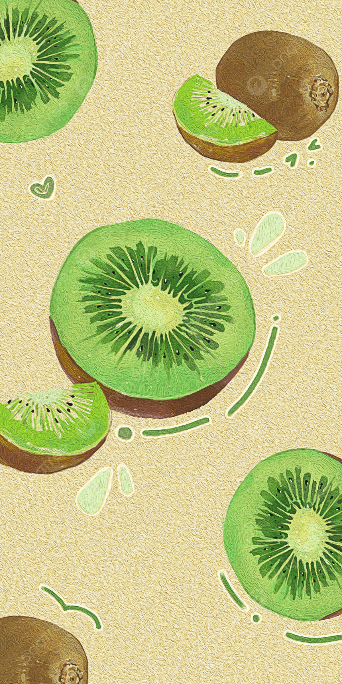 An image of a kiwi, with slices of kiwi and splashes of kiwi juice on a yellow background. - Kiwi