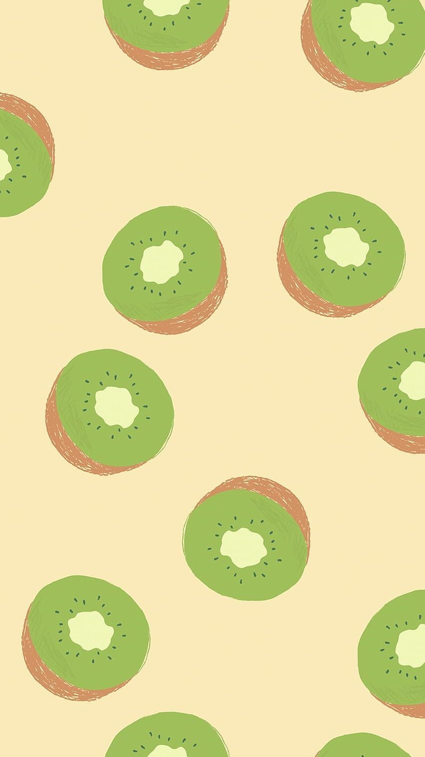 A phone wallpaper of a pattern of green kiwi slices on a yellow background - Kiwi