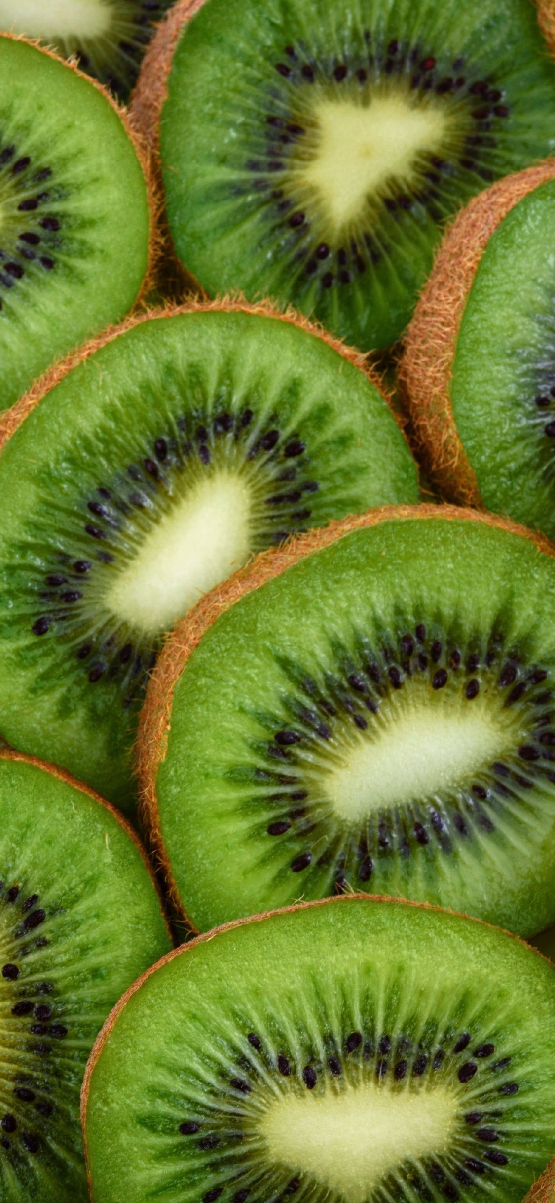 A close up of green kiwi slices with black and brown seeds in the middle. - Kiwi