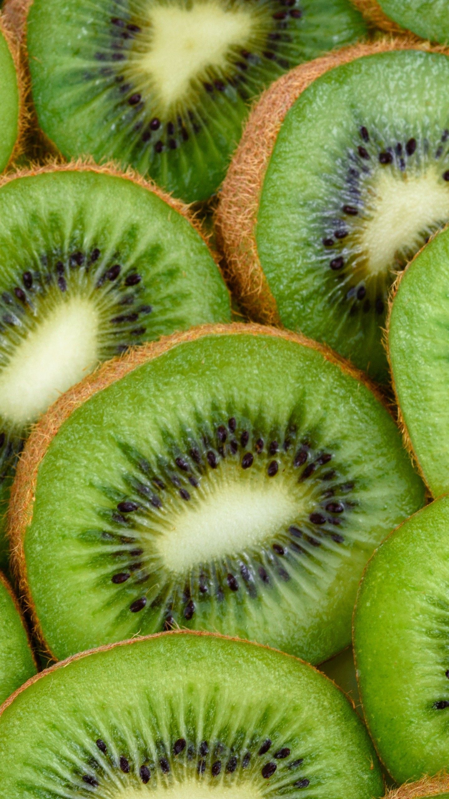 A close up of a pile of kiwi slices. - Kiwi