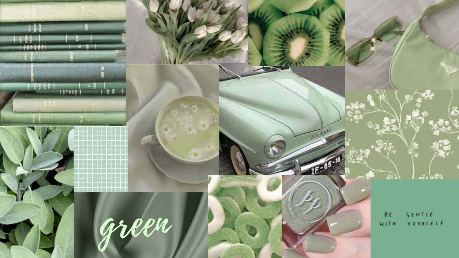 A collage of images and words that are all shades of green. - Sage green, kiwi