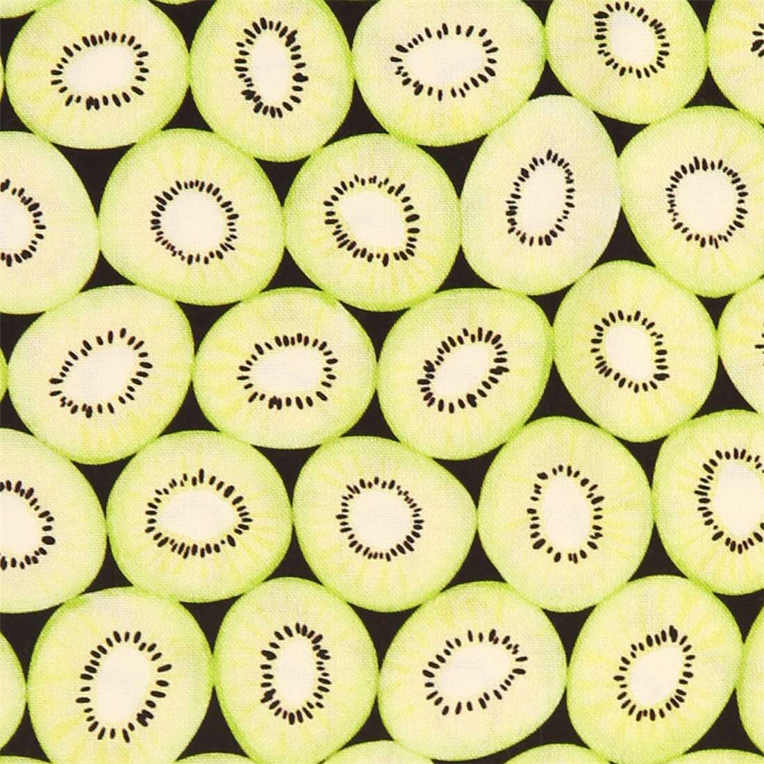 Michael Miller black cotton fabric with green kiwi fruit slices