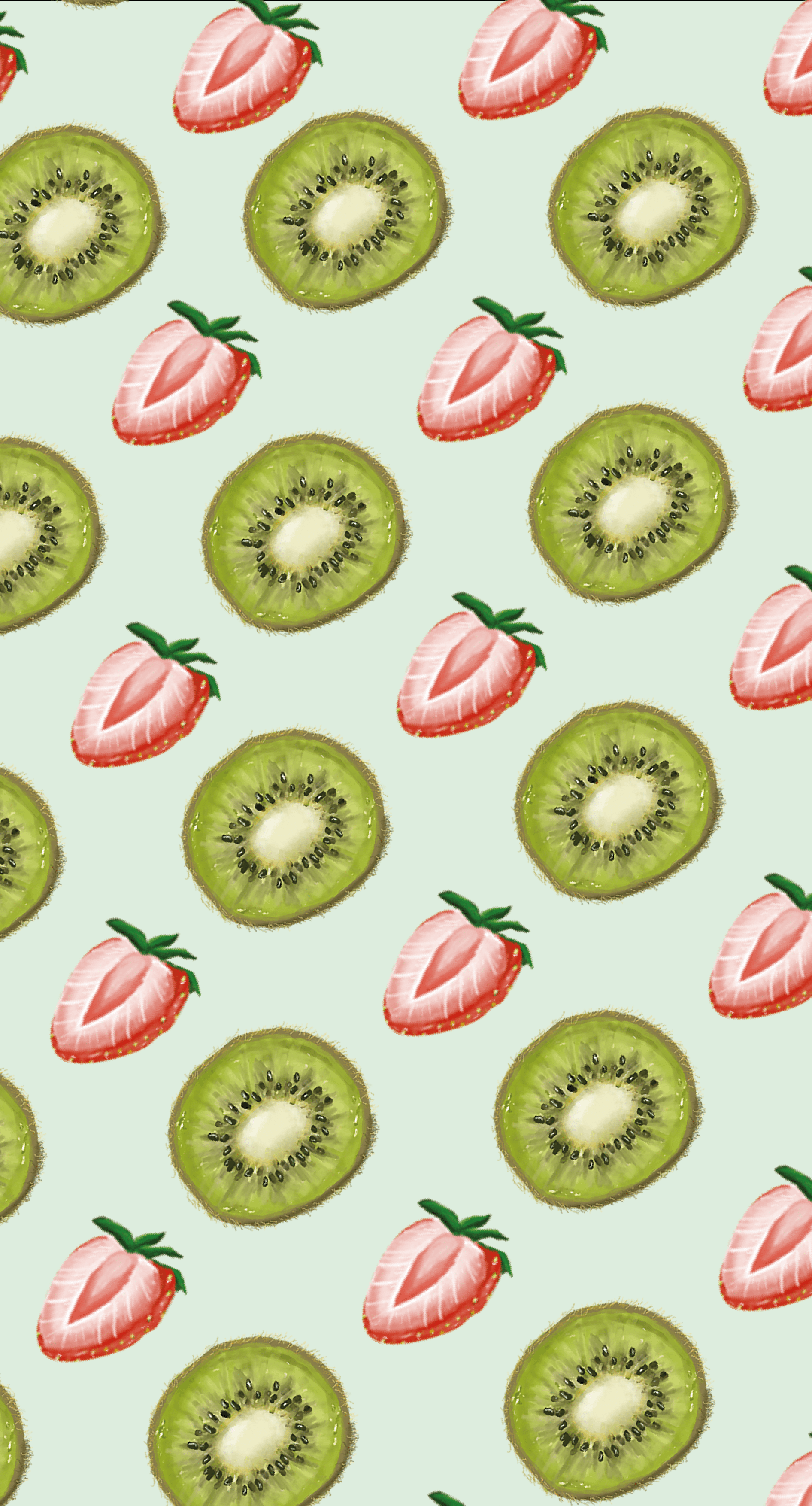 A pattern of kiwi and strawberries on green background - Kiwi