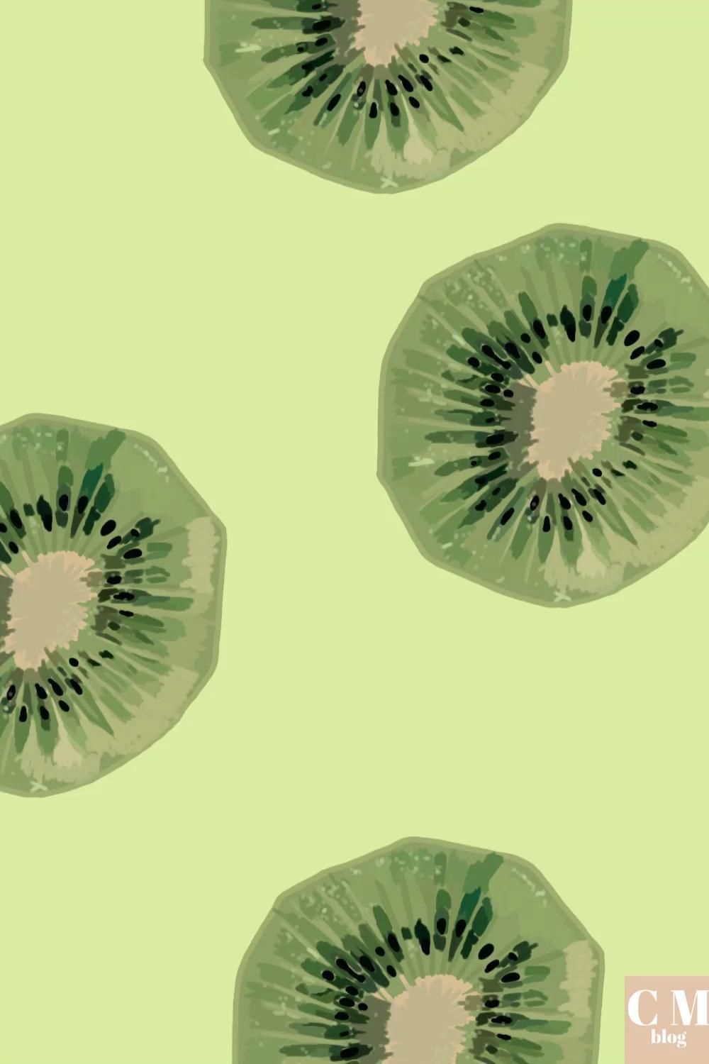 Green background with green and brown kiwi slices on top - Kiwi