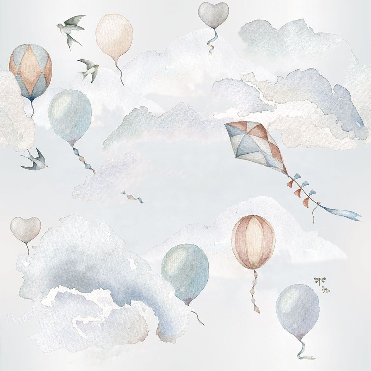 Watercolor illustration of kites and balloons floating in the sky - Balloons