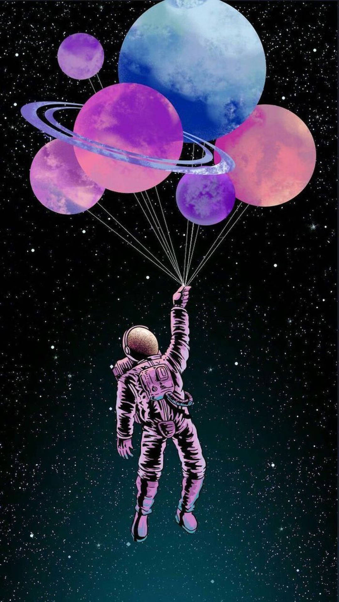 A man in space holding balloons and floating above the earth - Galaxy, balloons