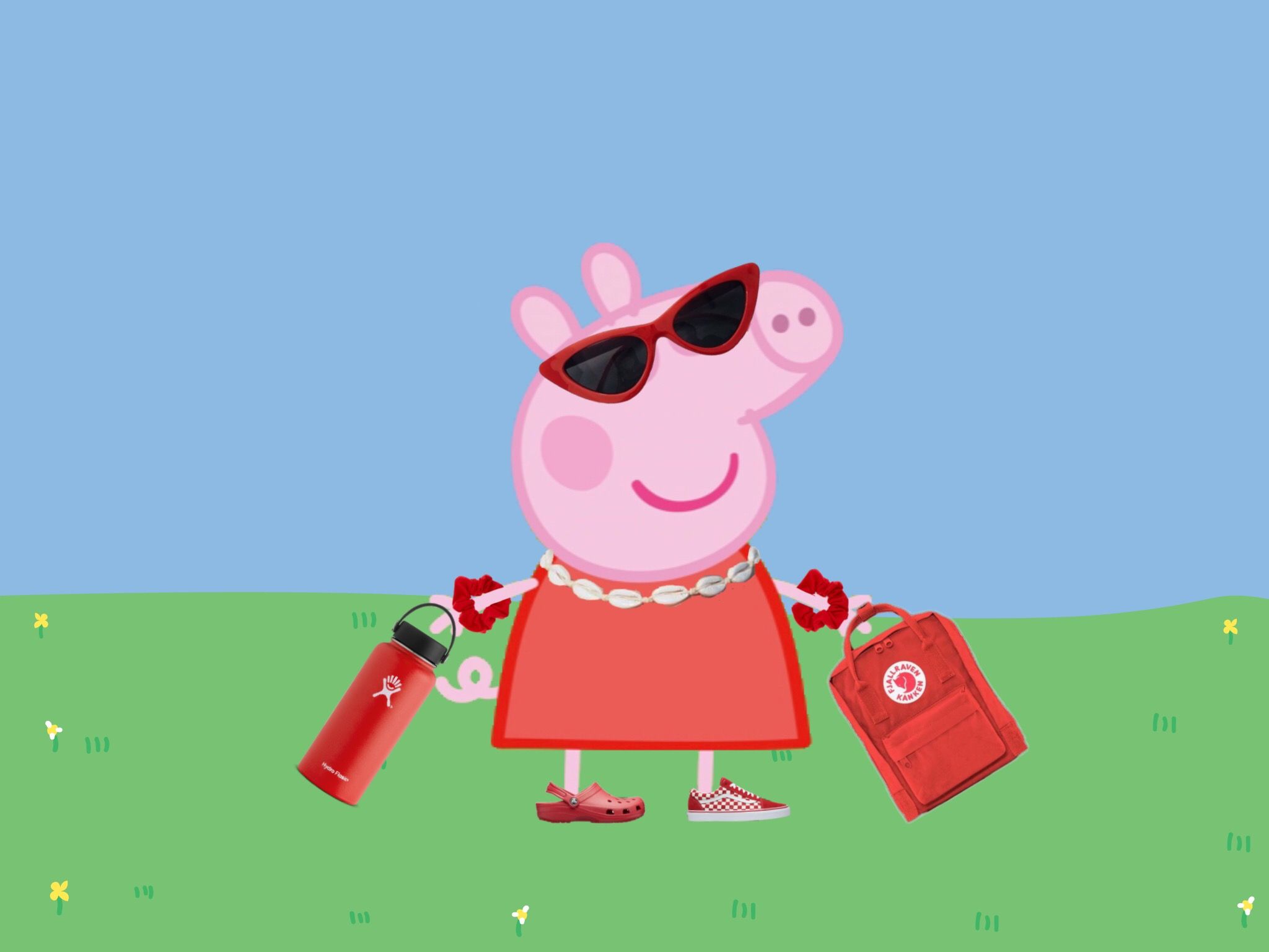 Peppa Pig in a red dress and sunglasses holding a red bag and a red water bottle - Peppa Pig