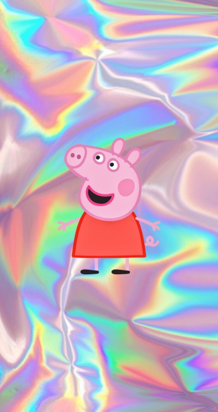 A pig with rainbow colors in the background - Peppa Pig, holographic