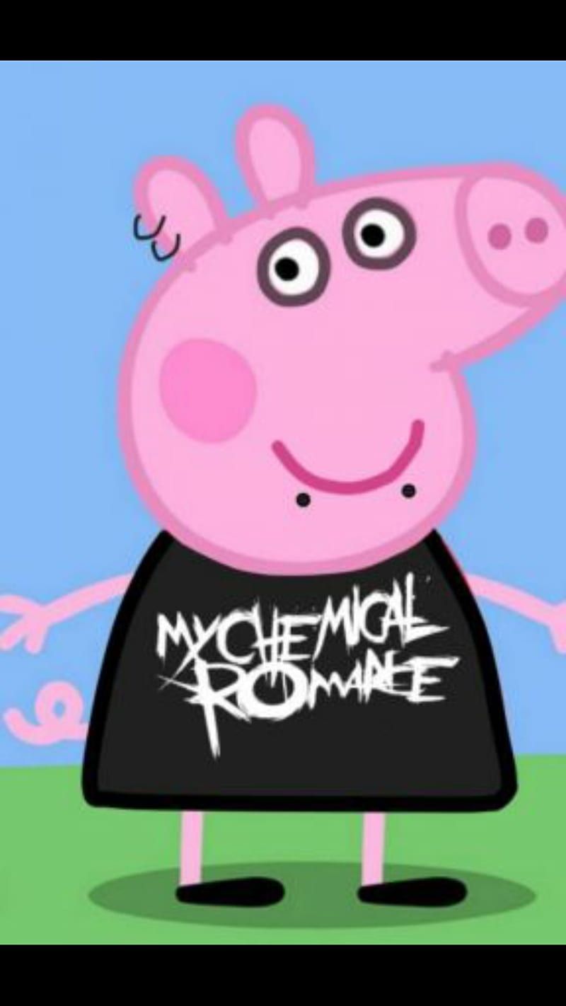 A pig wearing an shirt with the words my chemical romance - Peppa Pig