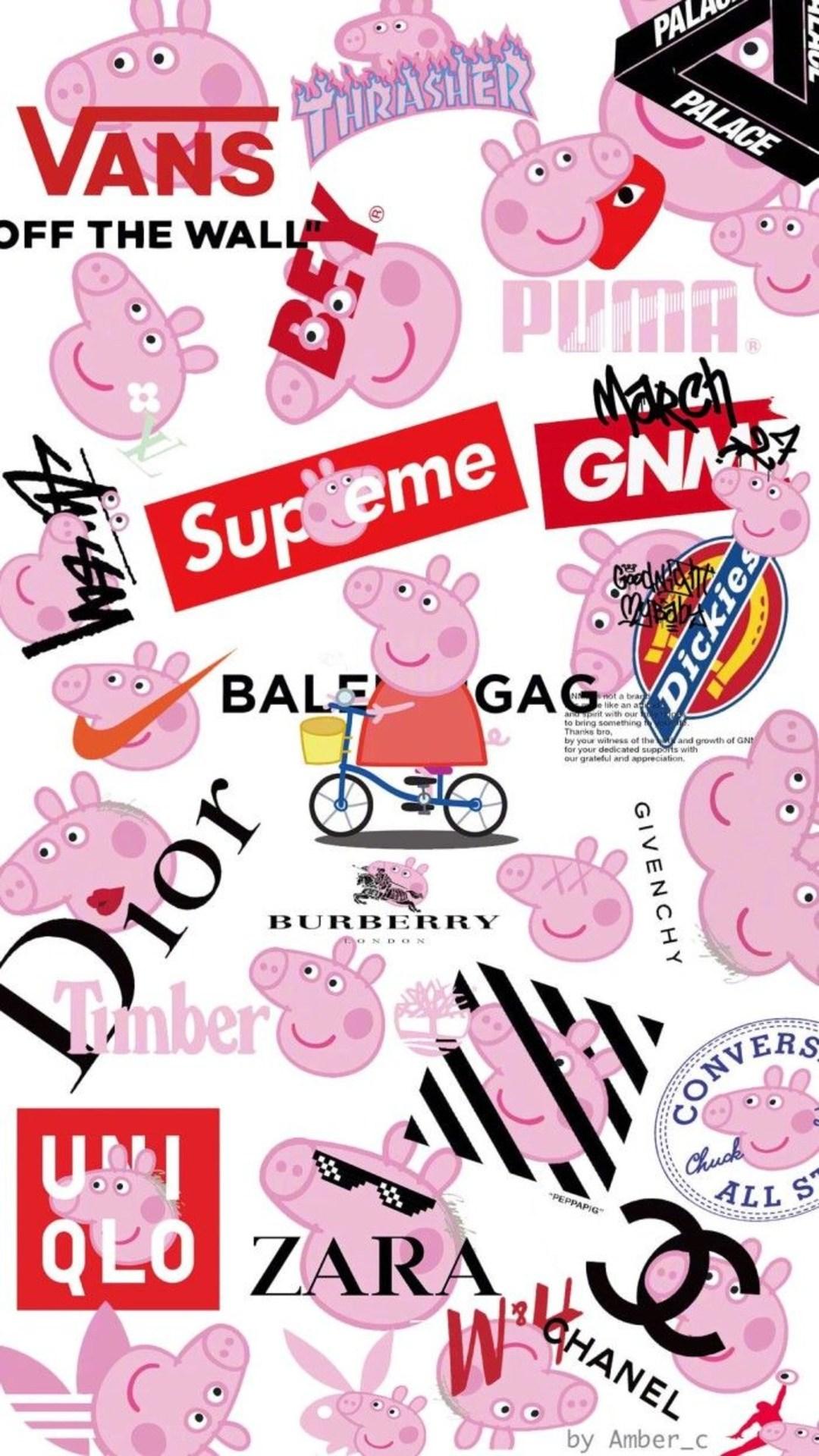 A pink cartoon character is surrounded by logos - Peppa Pig