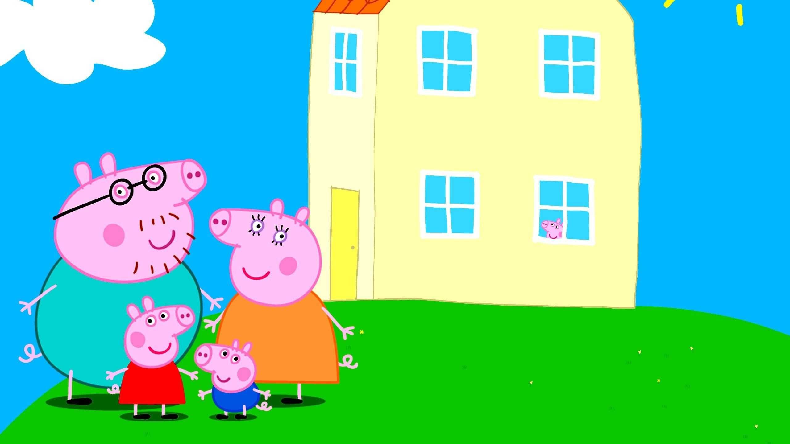 A cartoon of pepa and his family standing in front - George Pig, Peppa Pig