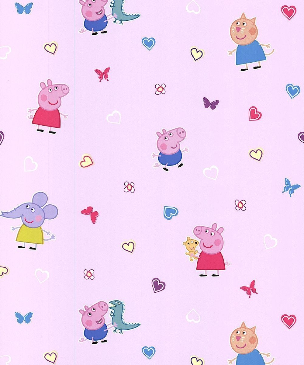 Peppa Pig wallpaper with hearts and butterflies on a pink background - George Pig, Peppa Pig