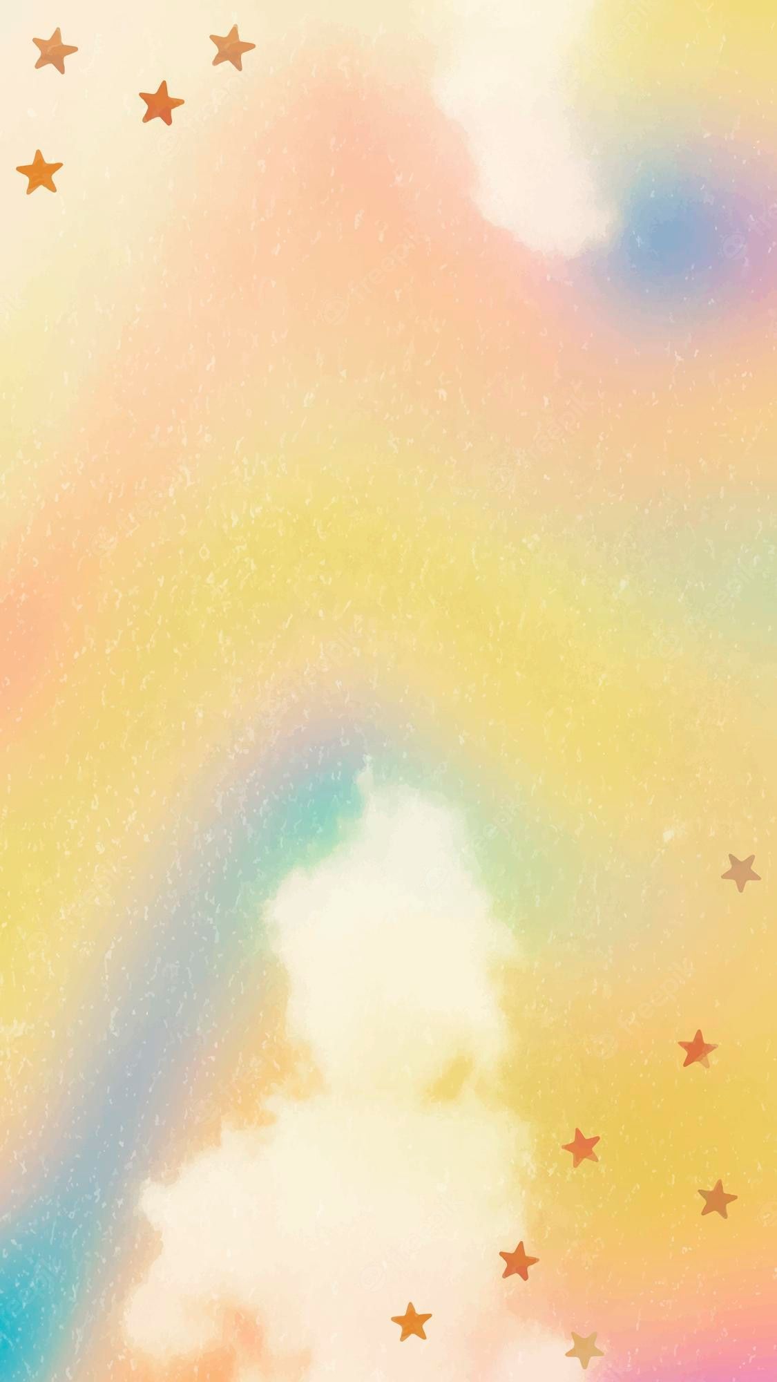 A rainbow colored background with stars and clouds - Watercolor