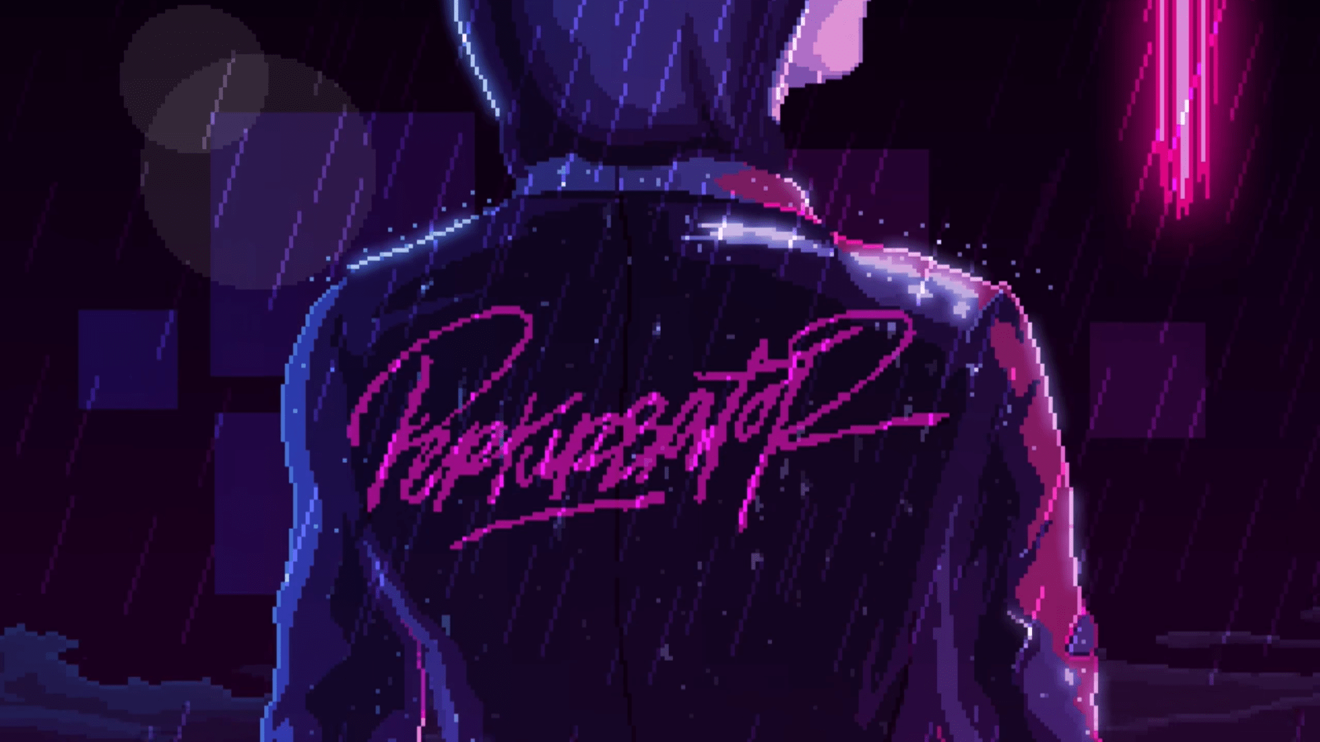 A cyberpunk wallpaper with a neon sign on a jacket - Synthwave